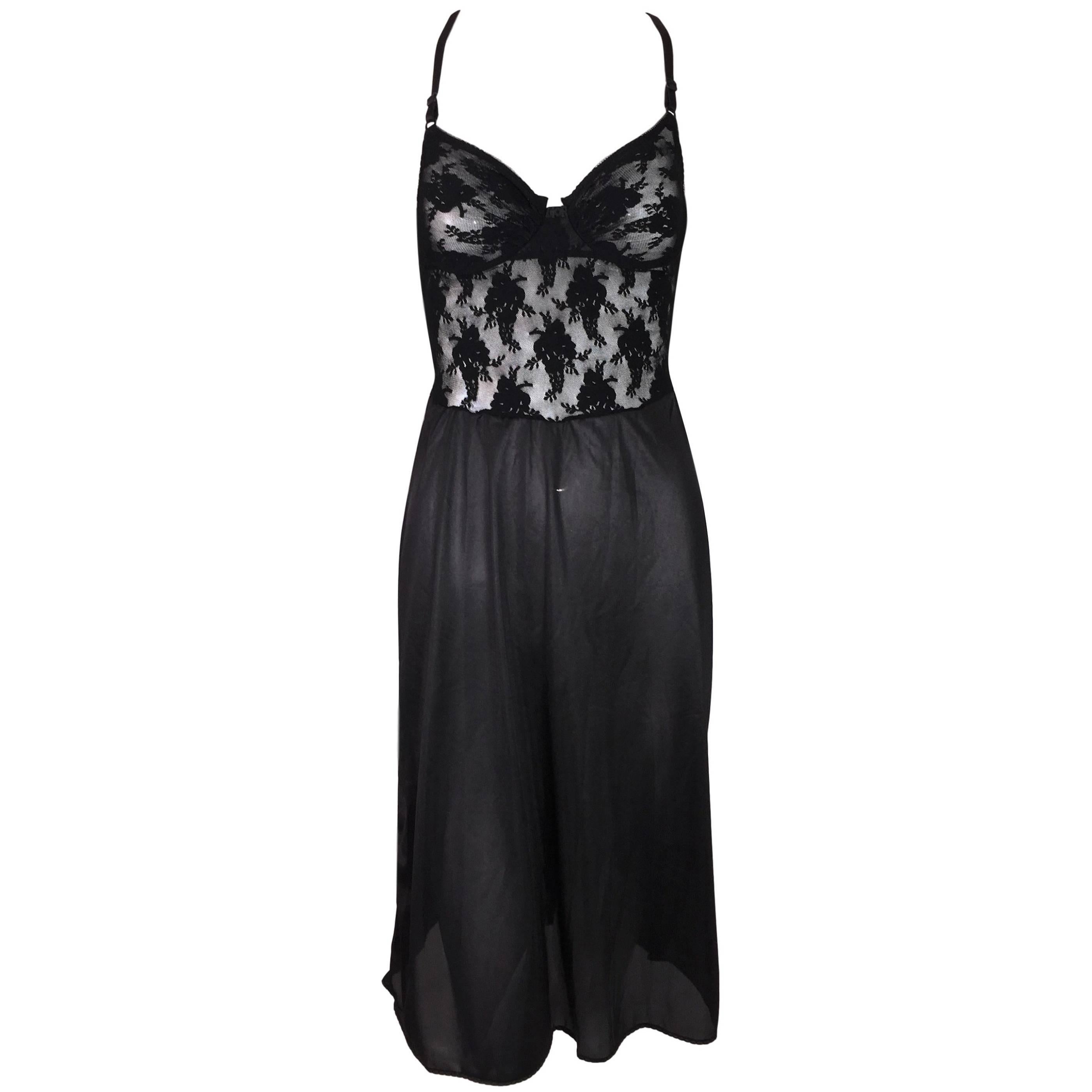 1990's Christian Dior Black Lace & Mesh Sheer Underwire Slip Dress 34B
