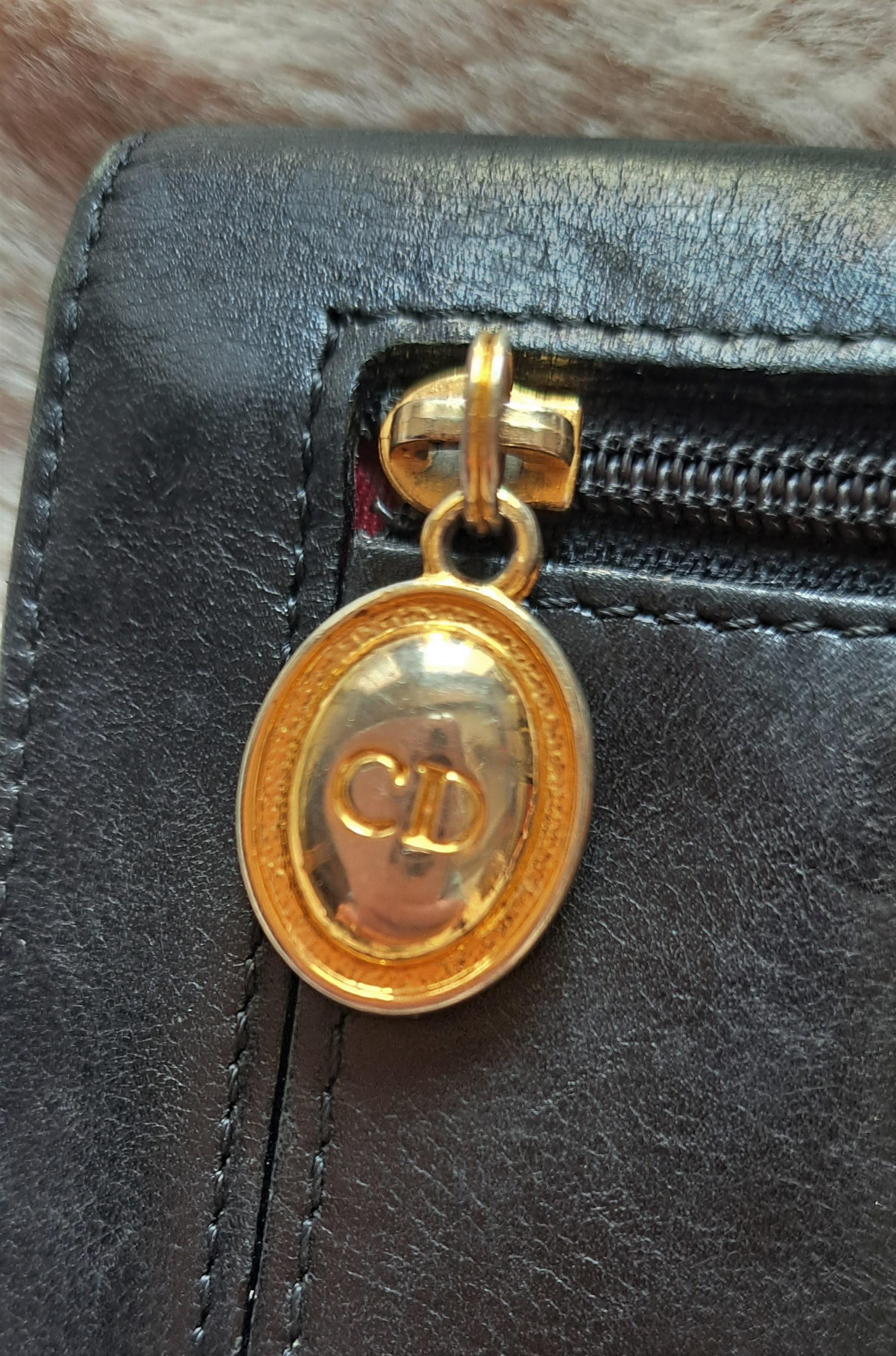 1990s Christian Dior Black Leather Wallet with Logo Charm For Sale 3