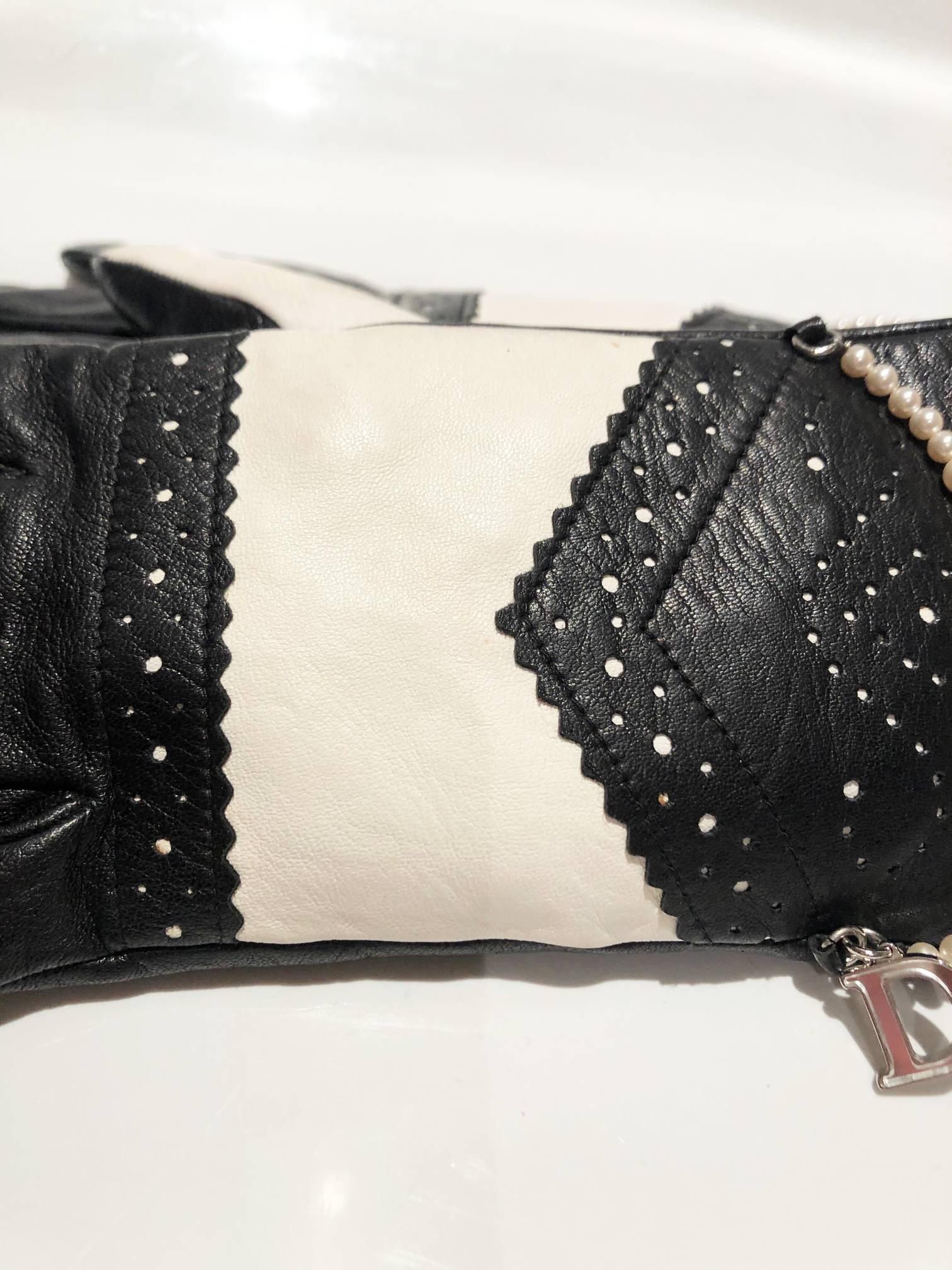 Women's 1990s CHRISTIAN DIOR BLACK WHITE LEATHER GLOVES WITH PEARLS