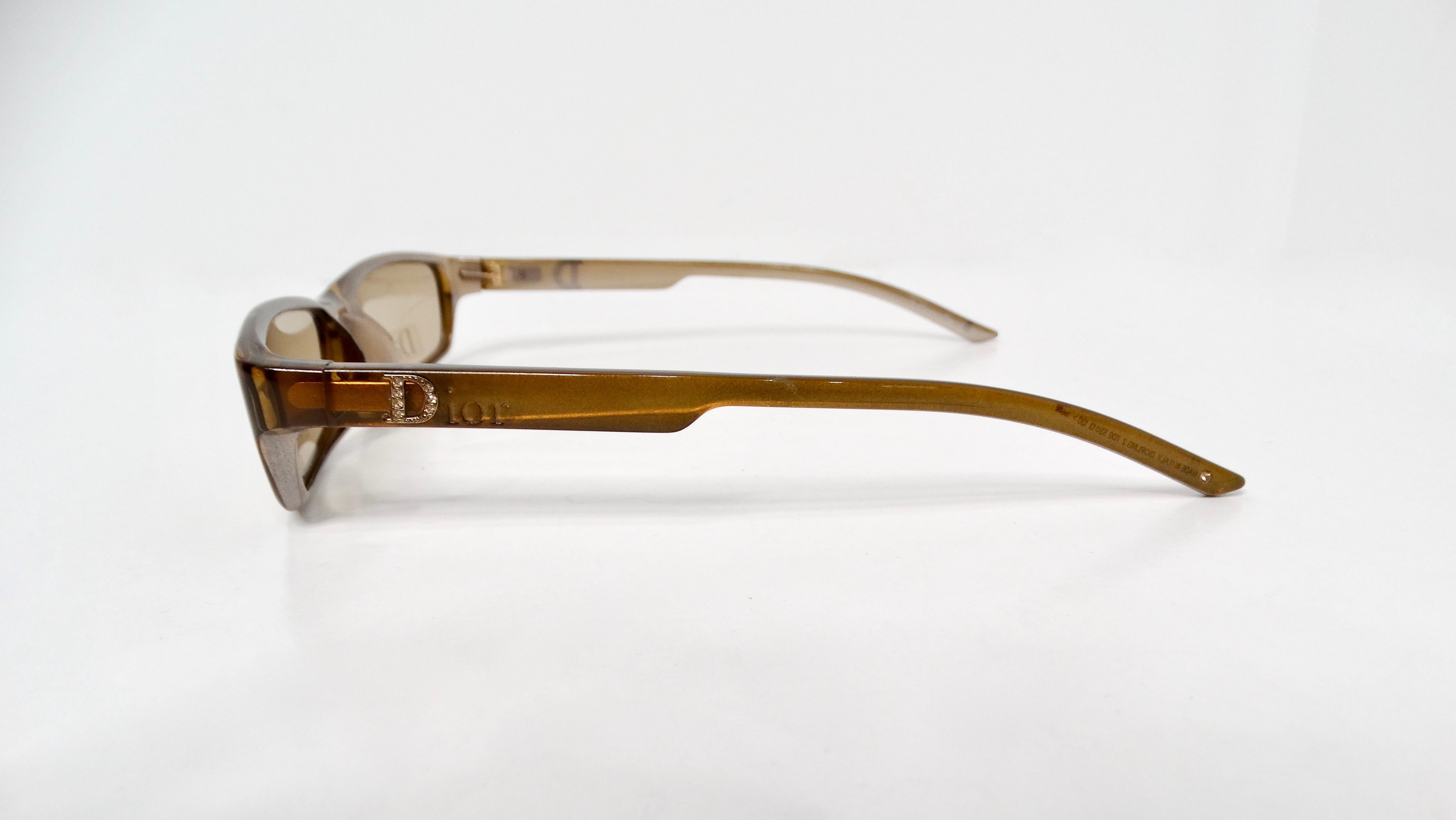 Women's 1990s Christian Dior Brown Rectangular Sunglasses With Rhinestones For Sale