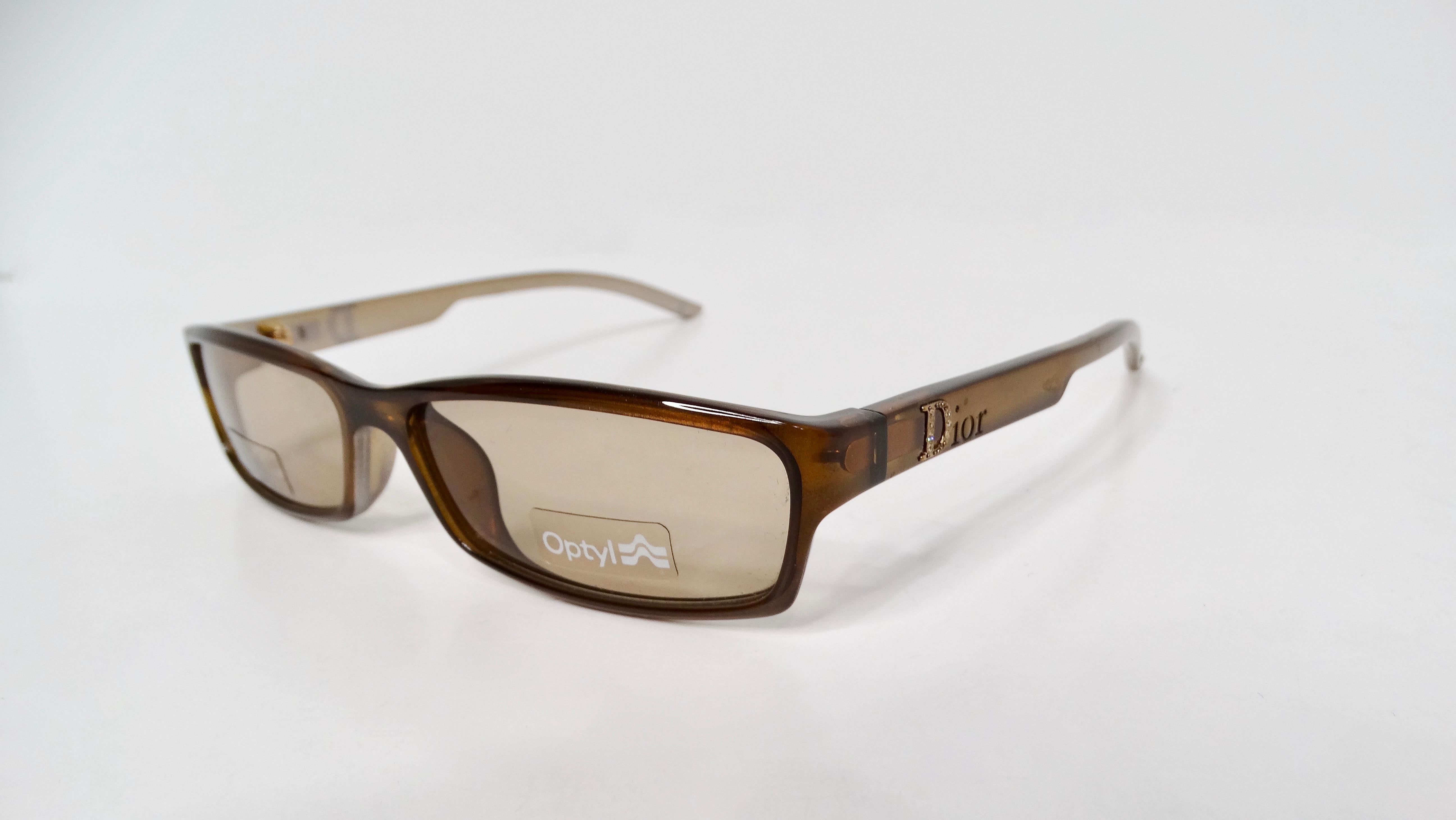 1990s Christian Dior Brown Rectangular Sunglasses With Rhinestones For Sale 1
