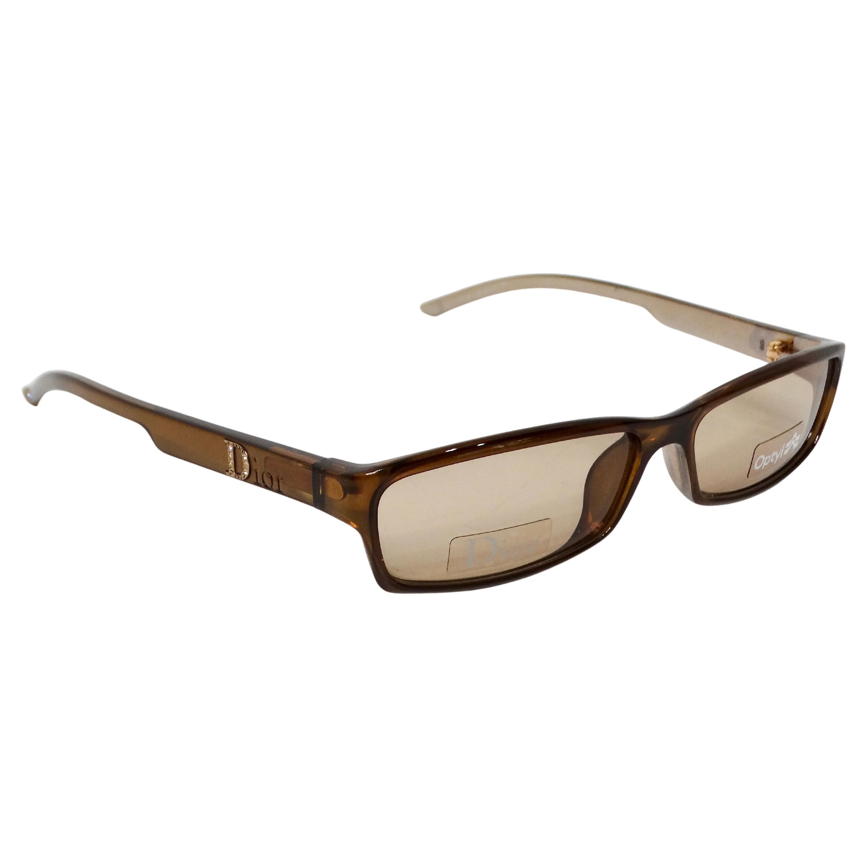 1990s Christian Dior Brown Rectangular Sunglasses With Rhinestones For Sale