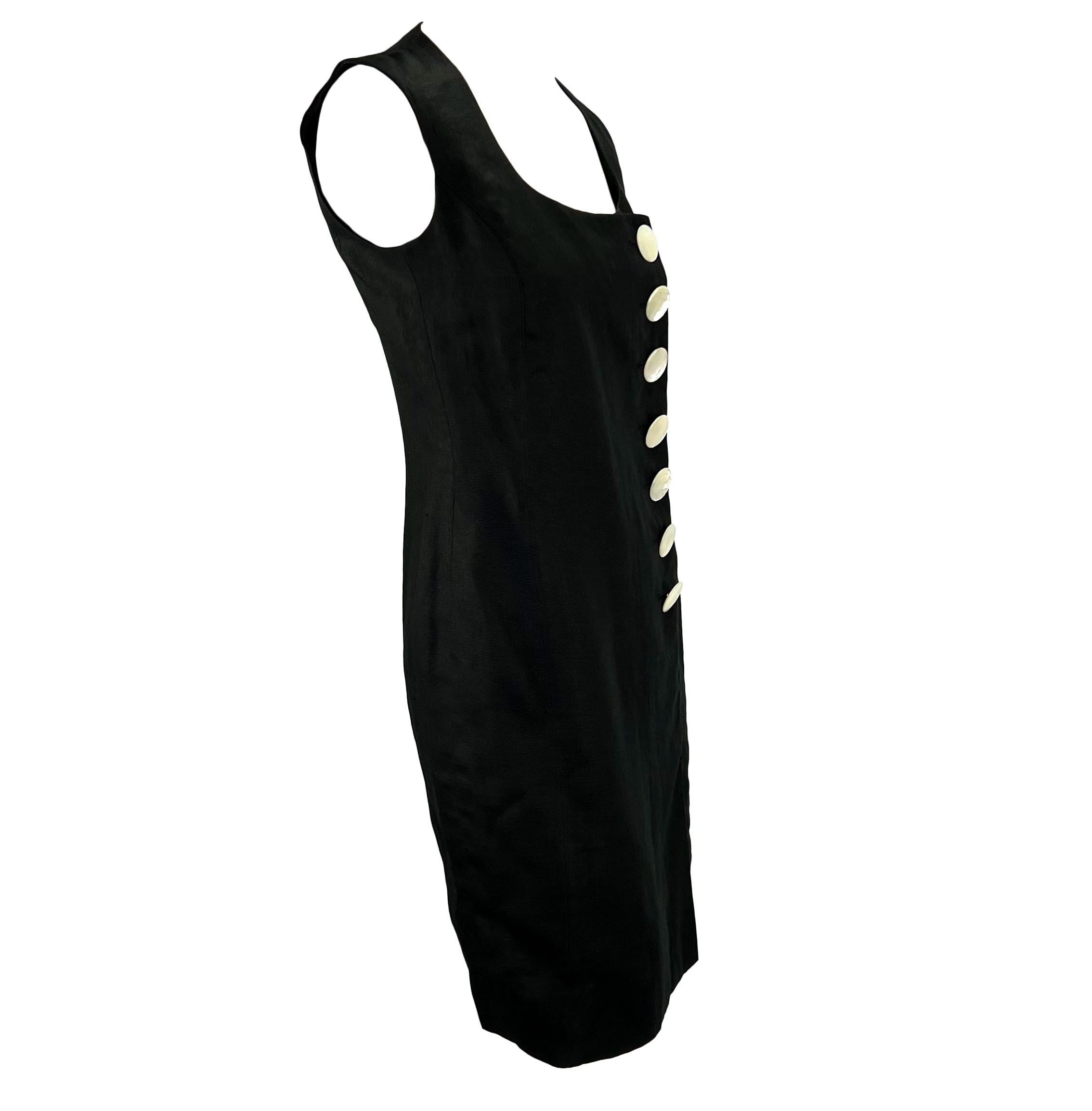 1990s Christian Dior by Gianfranco Ferré Black Linen Sleeveless Button Dress For Sale 2