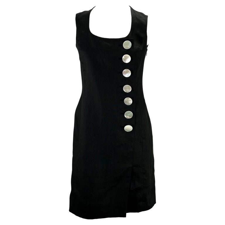 1990s Christian Dior by Gianfranco Ferré Black Linen Sleeveless Button Dress For Sale