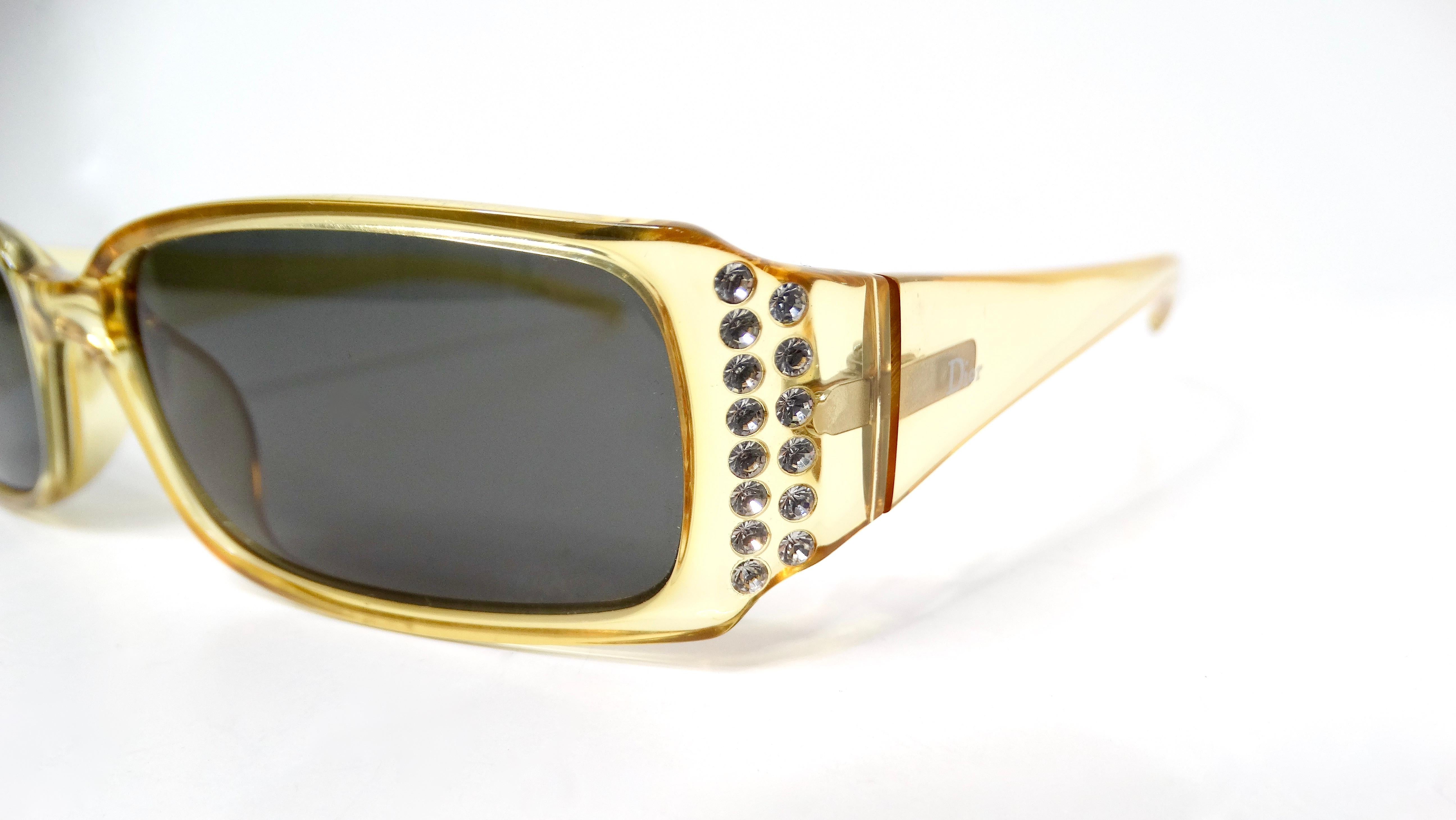 Gray 1990s Christian Dior Clear Yellow Rectangular Tinted Sunglasses With Rhinestones For Sale