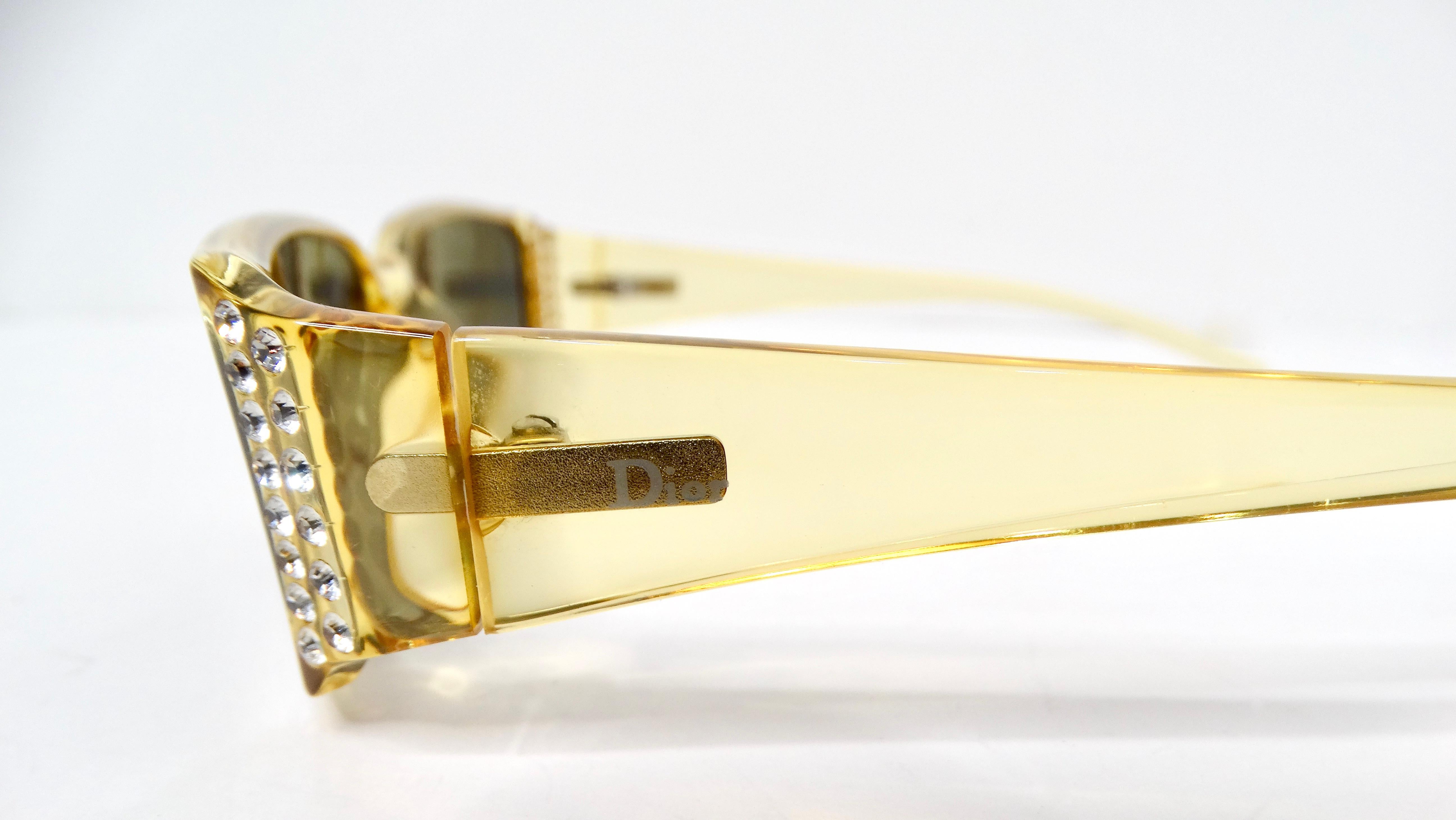 1990s Christian Dior Clear Yellow Rectangular Tinted Sunglasses With Rhinestones In Good Condition For Sale In Scottsdale, AZ