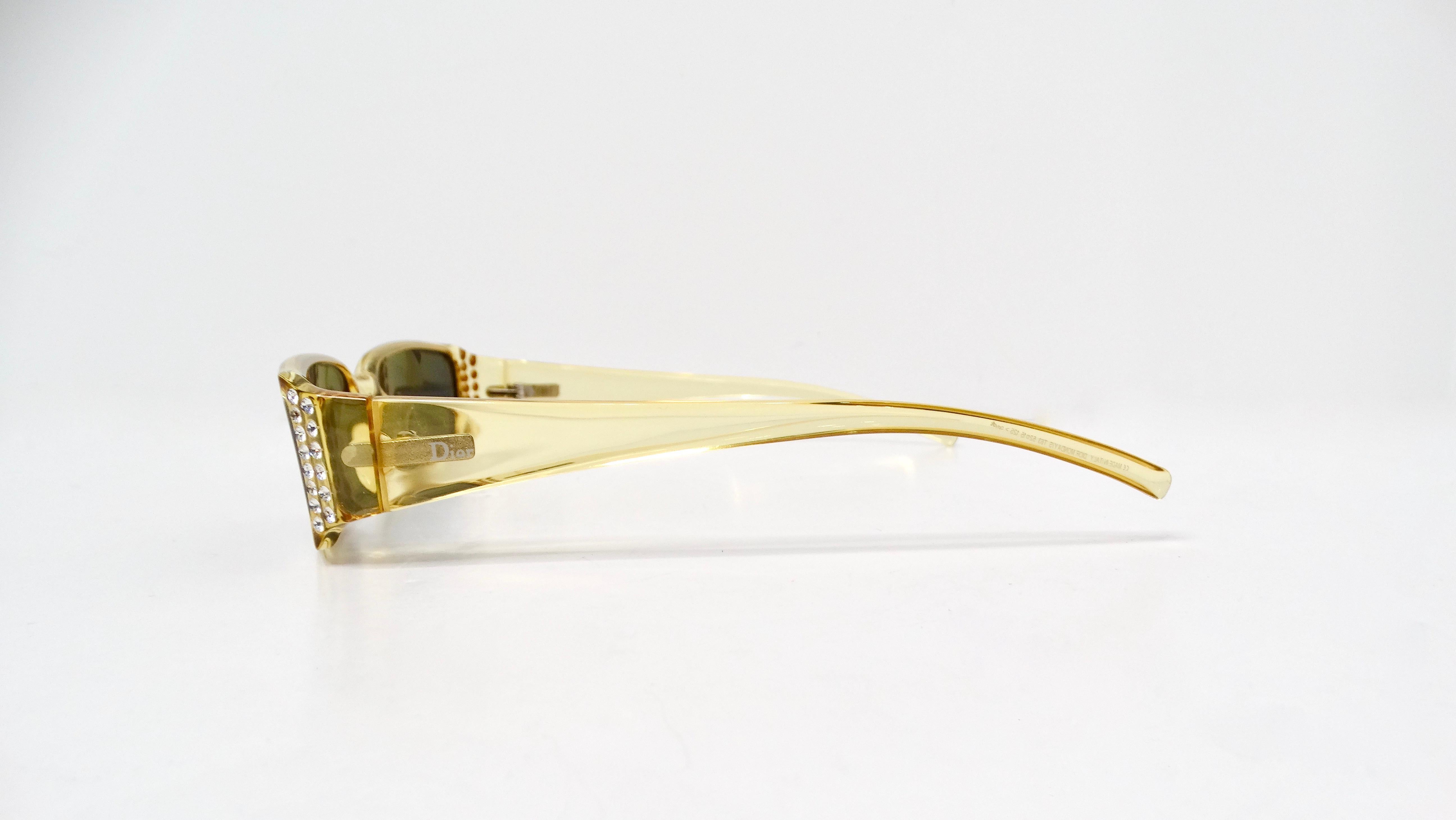 Women's or Men's 1990s Christian Dior Clear Yellow Rectangular Tinted Sunglasses With Rhinestones For Sale