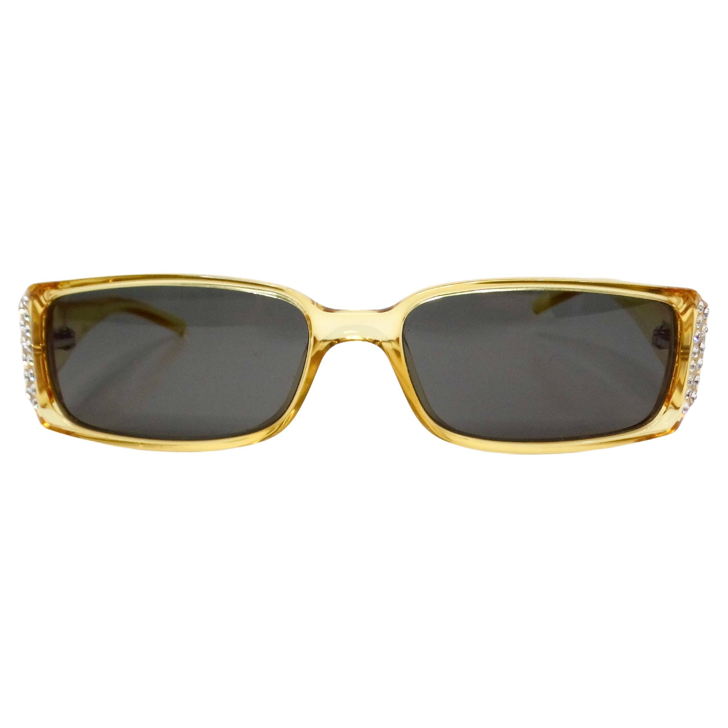 1990s Christian Dior Clear Yellow Rectangular Tinted Sunglasses With Rhinestones For Sale