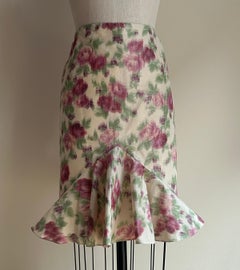1990s Christian Dior Cream Watercolor Floral Print Flared Ruffle Pencil Skirt