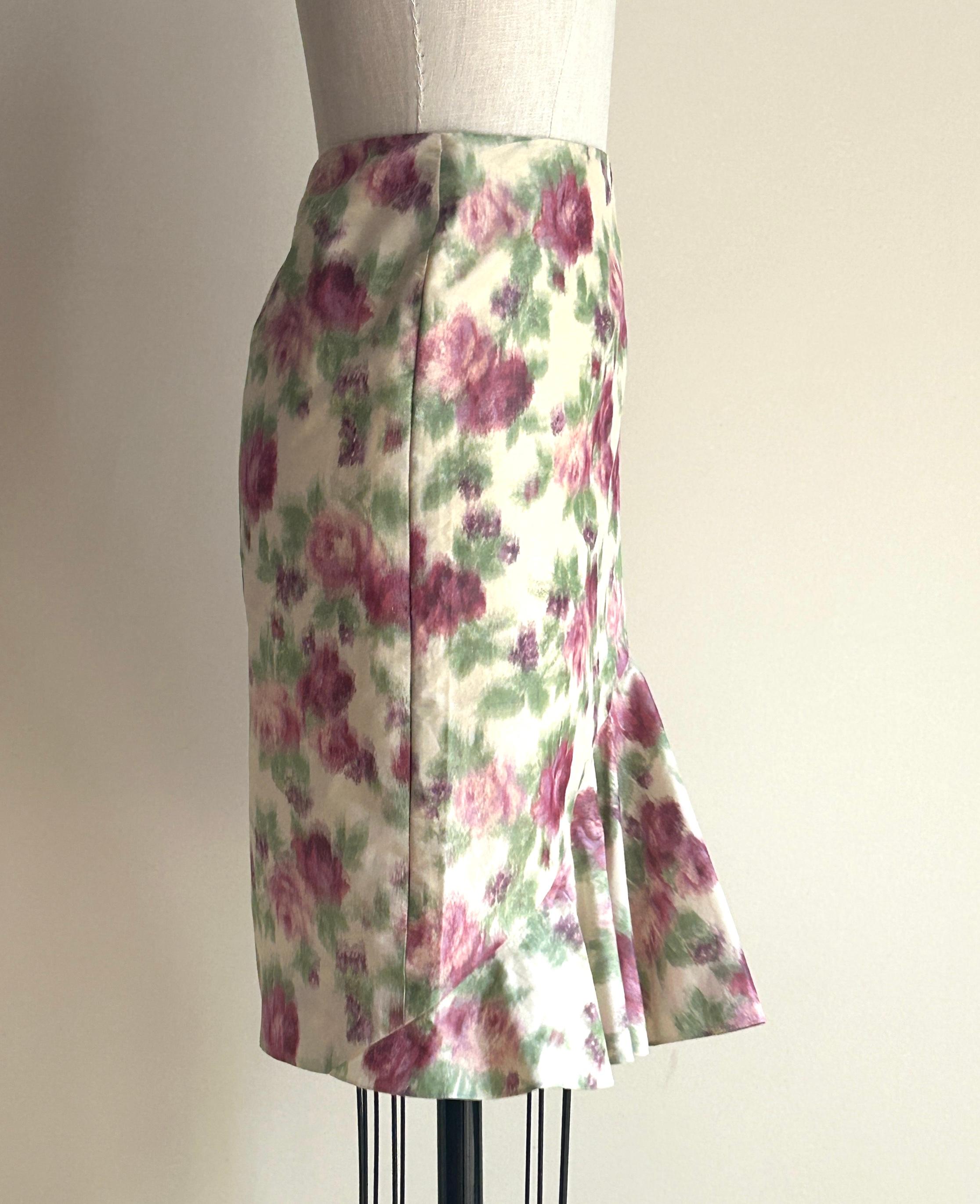 Brown 1990s Christian Dior Cream Watercolor Floral Print Flared Ruffle Pencil Skirt For Sale