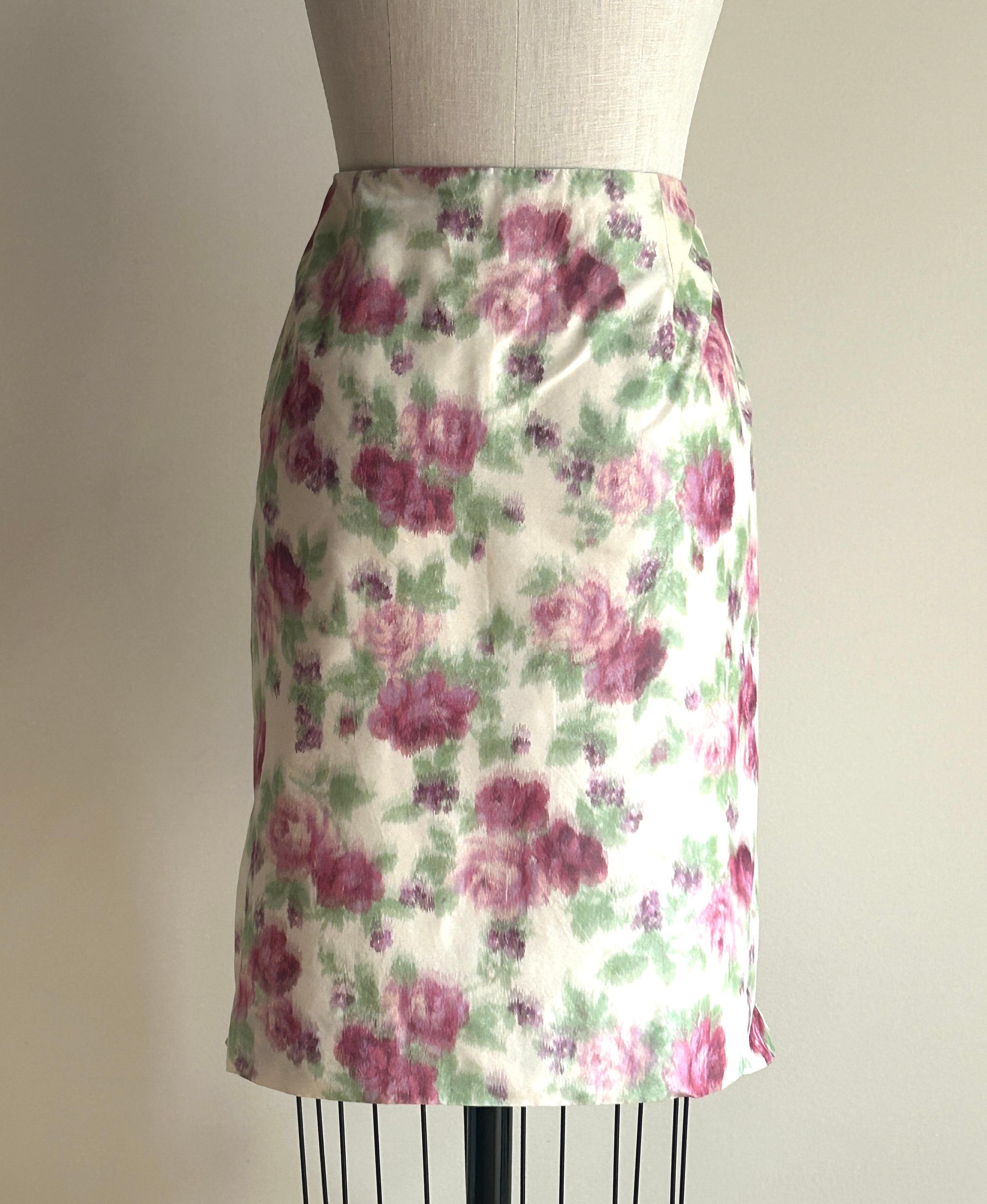 1990s Christian Dior Cream Watercolor Floral Print Flared Ruffle Pencil Skirt In Good Condition For Sale In San Francisco, CA