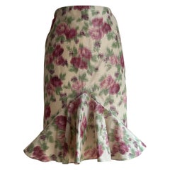 Christian Dior anni '90 - Gonna a tubino svasata con volant con stampa floreale acquerellata in crema