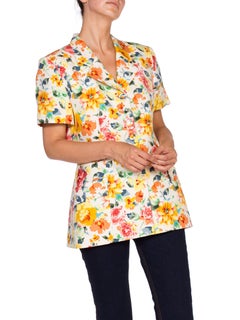 1980S Christian Dior Yellow & Pink Floral Silk Short Sleeve Jacket