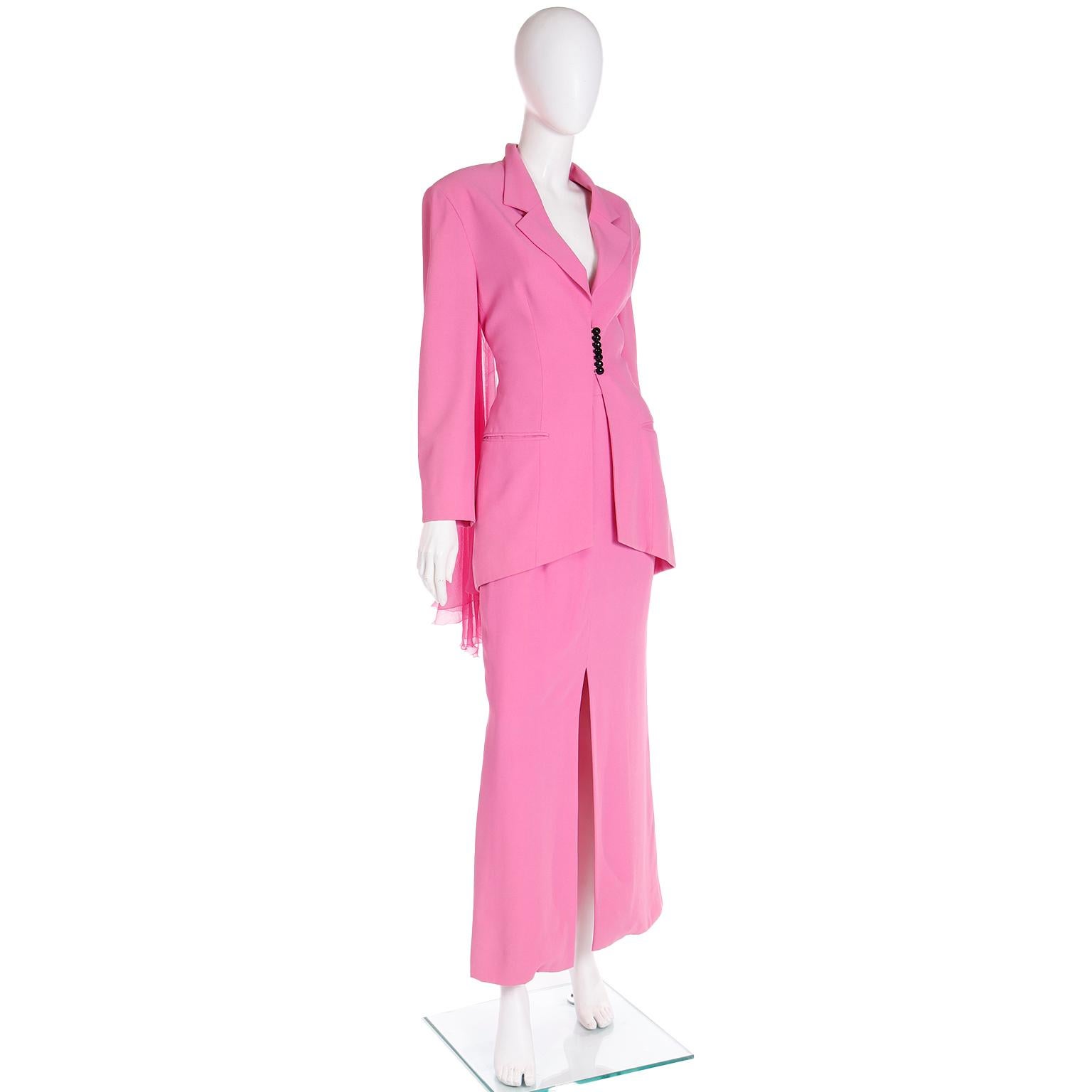 1990s Christian Dior Gianfranco Ferre Pink Jacket w Chiffon Drape & 2 Skirts For Sale 3