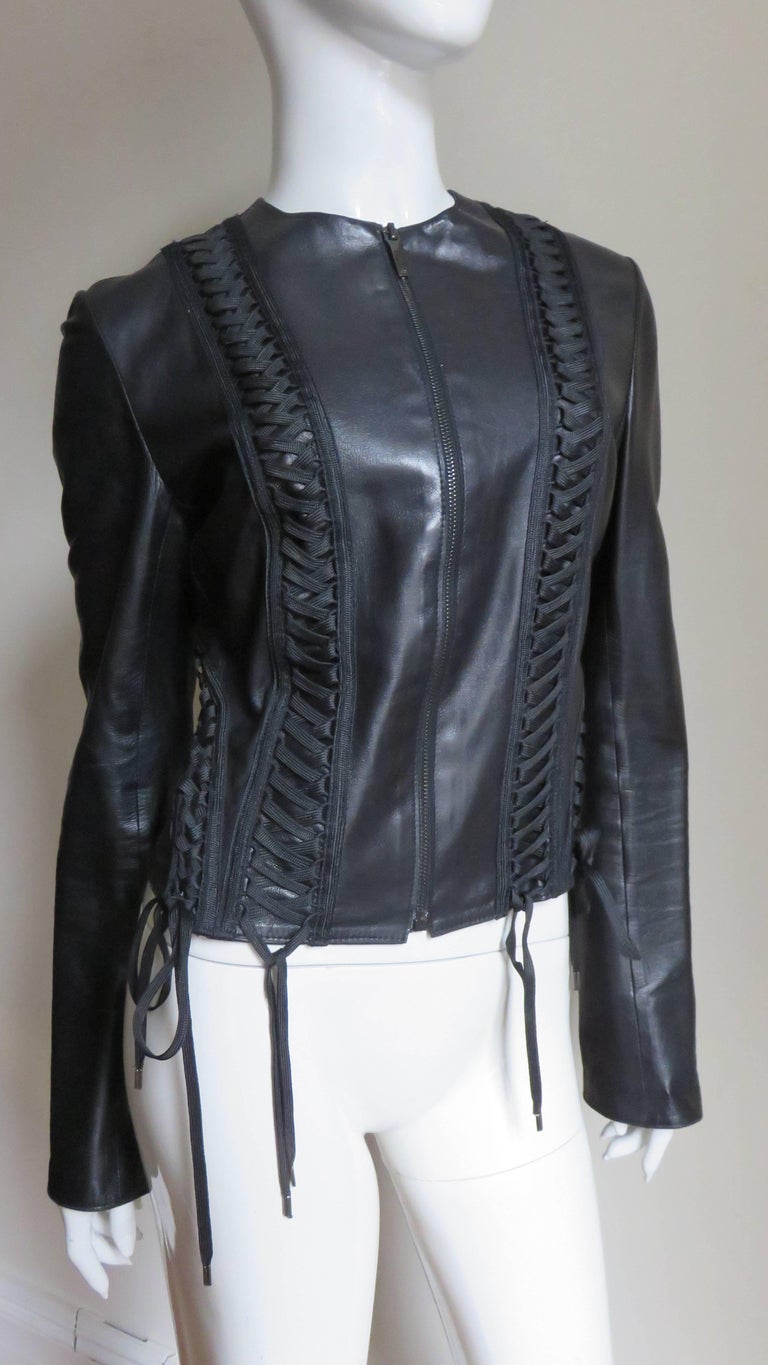 Black Christian Dior by John Galliano Lace-up Leather Jacket For Sale
