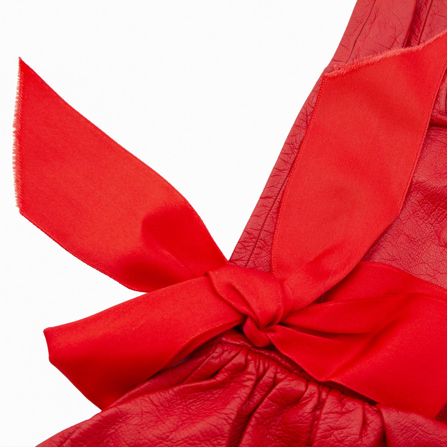 1990s Christian Dior Red Leather Gloves with Satin Bows  In Good Condition In Toronto, Ontario