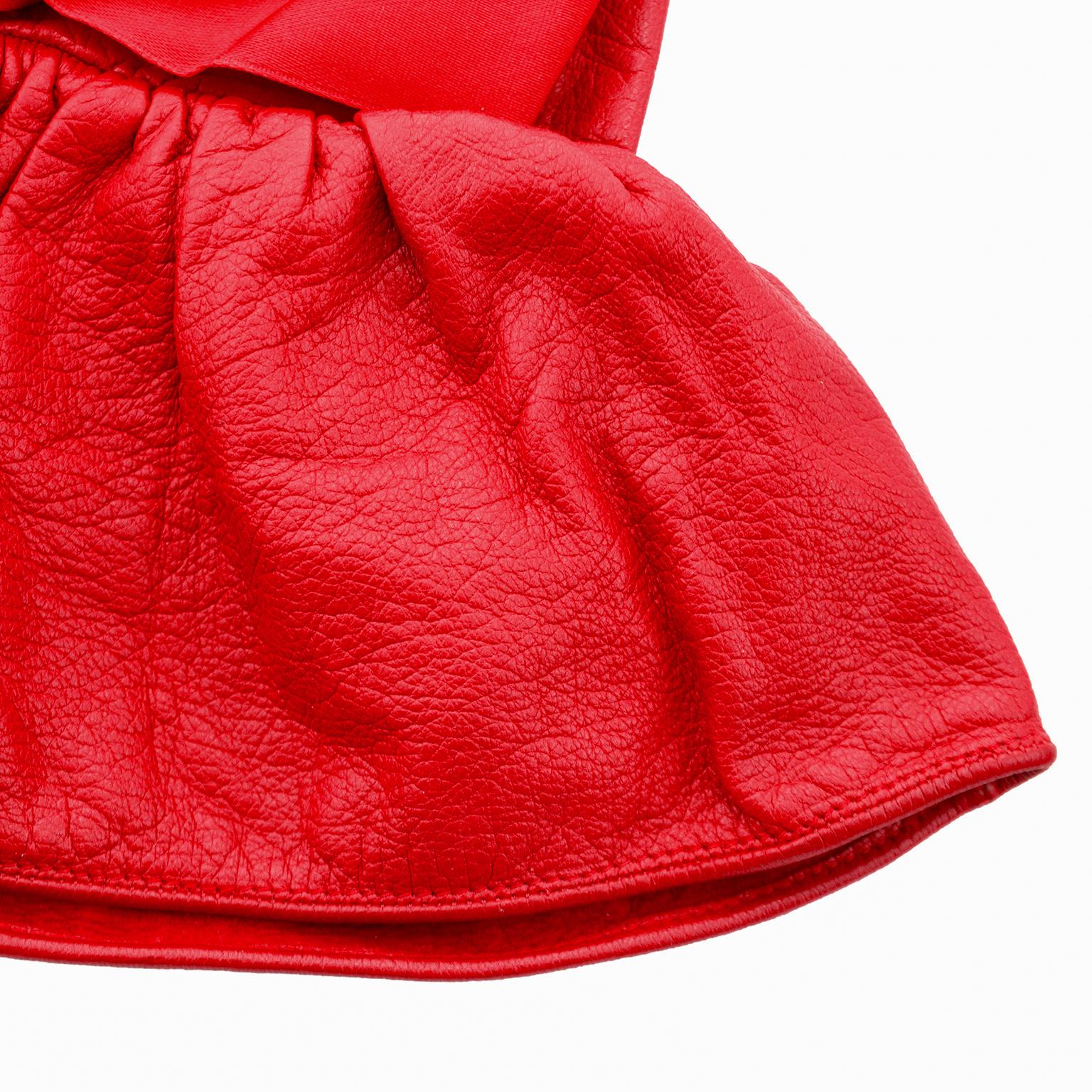 Women's 1990s Christian Dior Red Leather Gloves with Satin Bows 