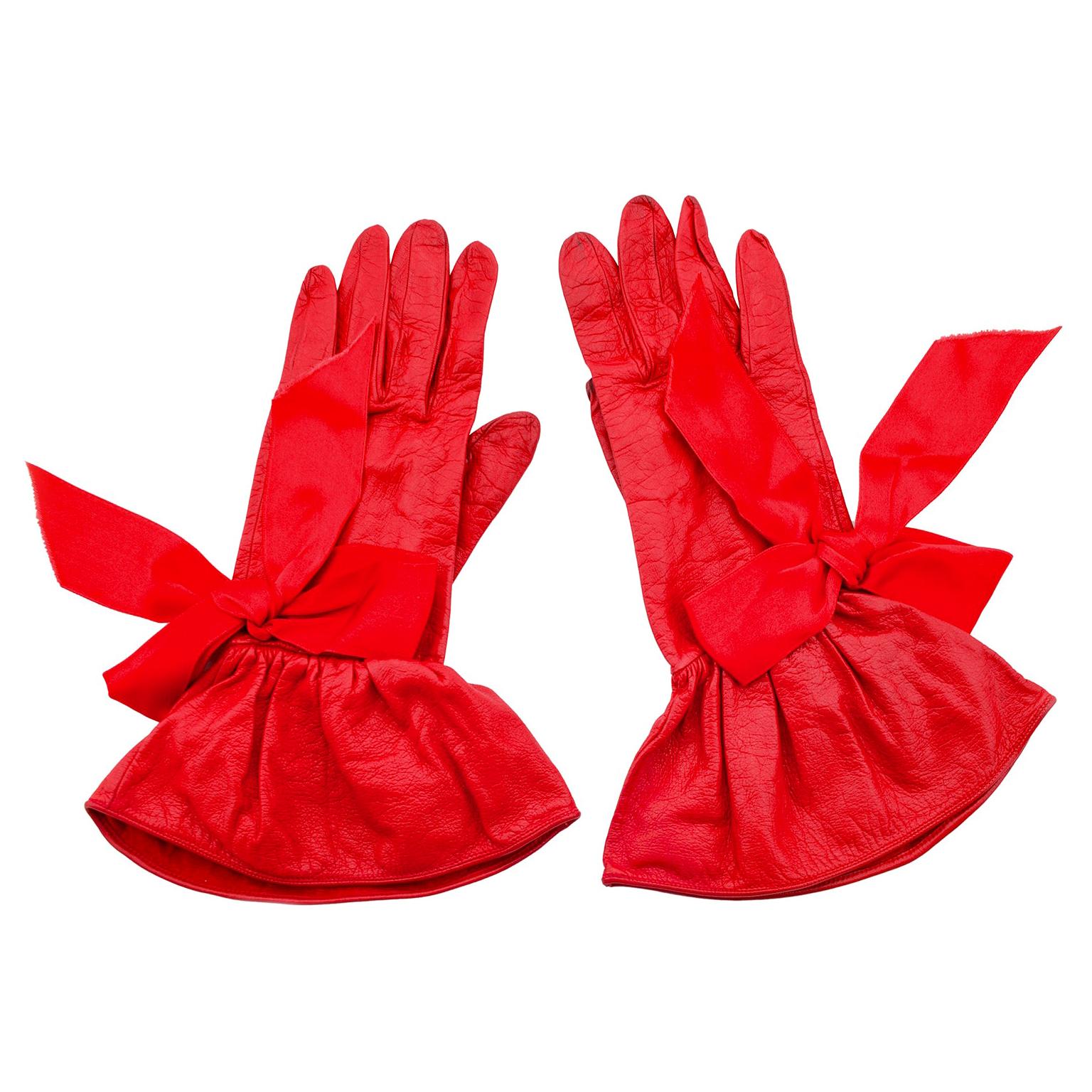 1990s Christian Dior Red Leather Gloves with Satin Bows 