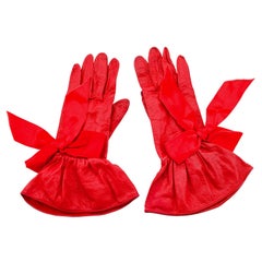 Vintage 1990s Christian Dior Red Leather Gloves with Satin Bows 