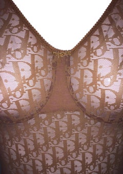 1990er Christian Dior Sheer Tan Dark Nude Monogram Logo Body Top 38C