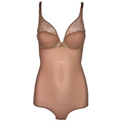1990's Christian Dior Tan Nude Sheer Monogram Lace Bodysuit Top 32B
