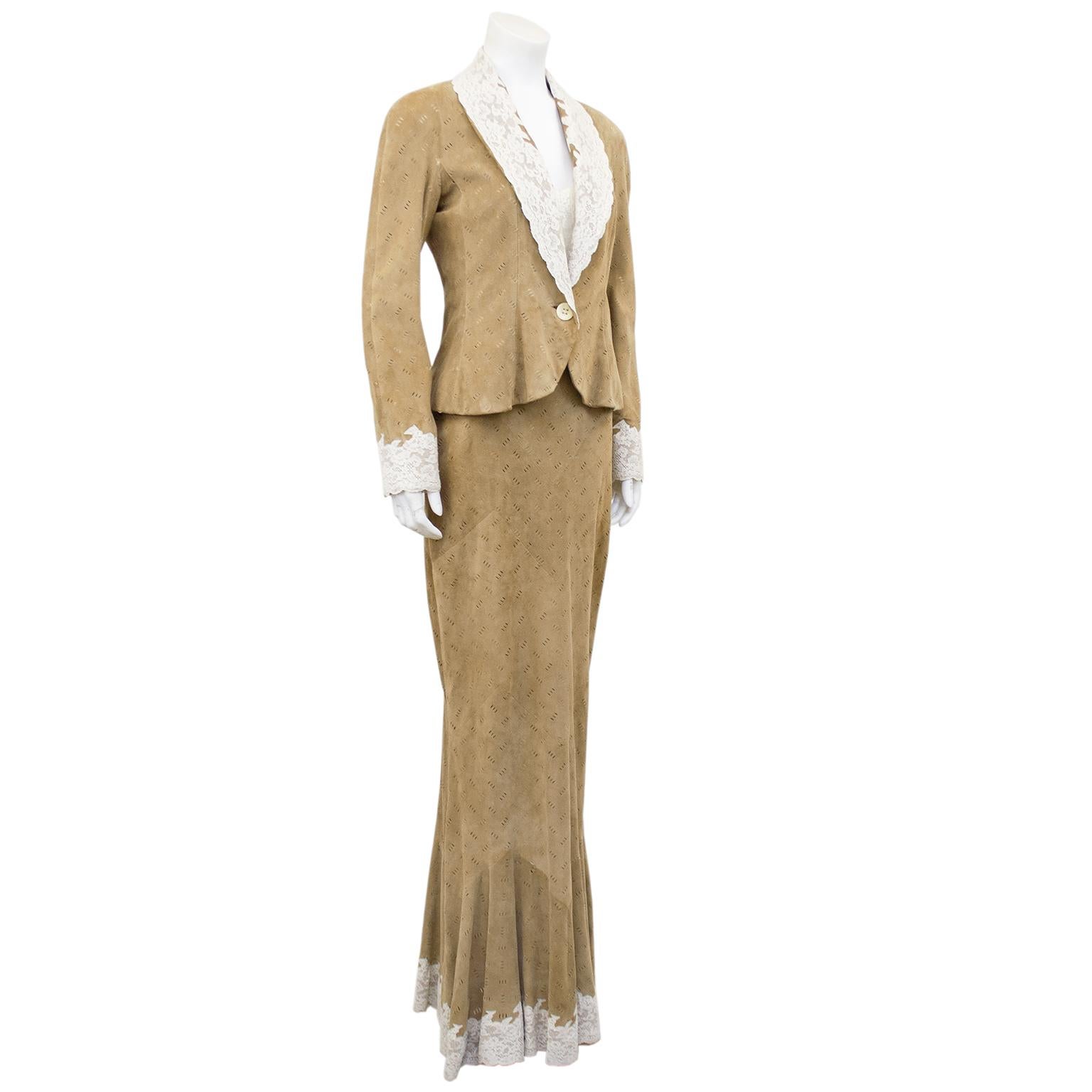 1990s Christian Dior Tan Suede Dress and Jacket with Lace Trim  In Good Condition In Toronto, Ontario