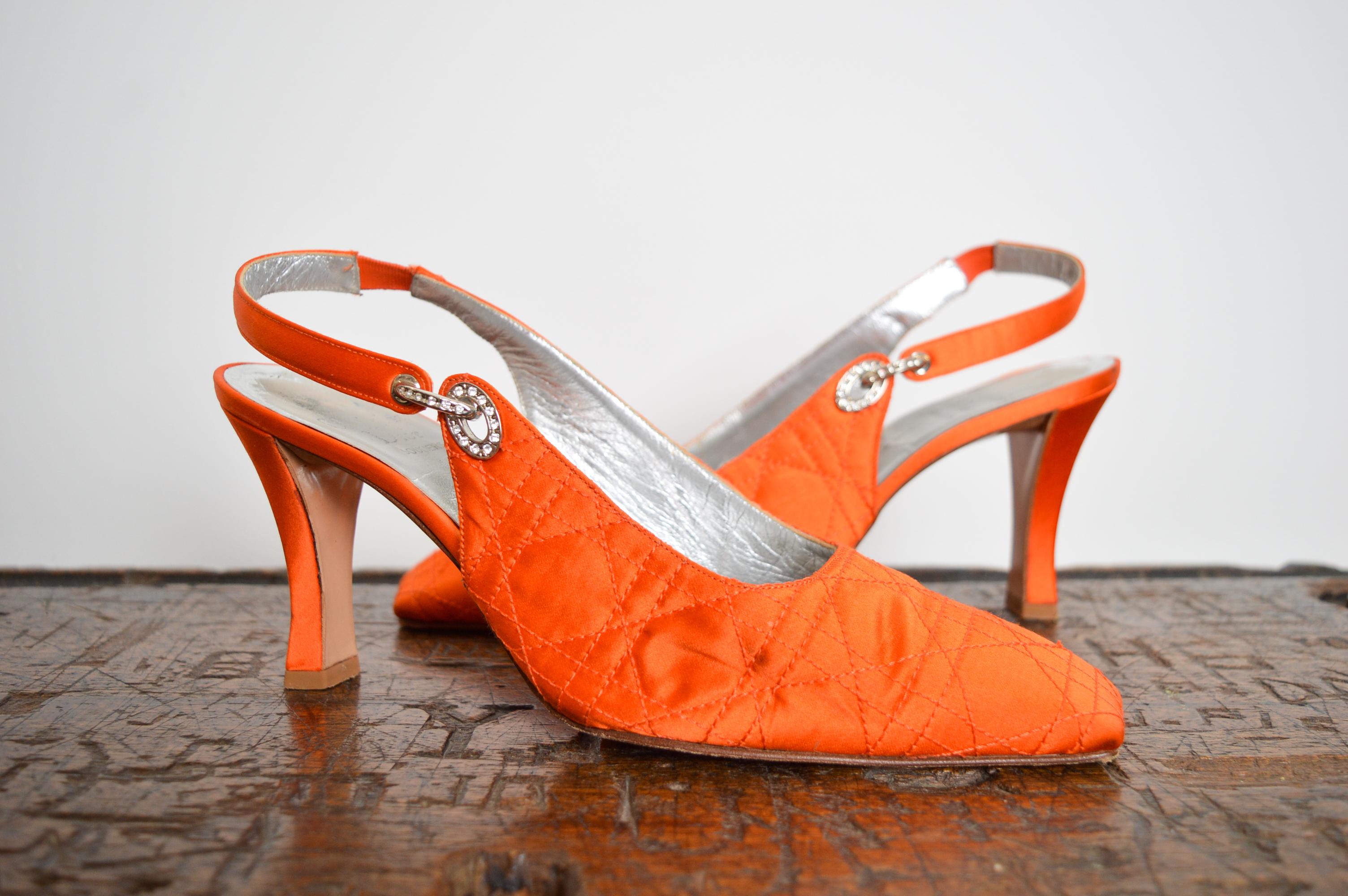 1990s Christian Dior Tangerine Satin Jewel tone Orange Cannage Sling back For Sale 6