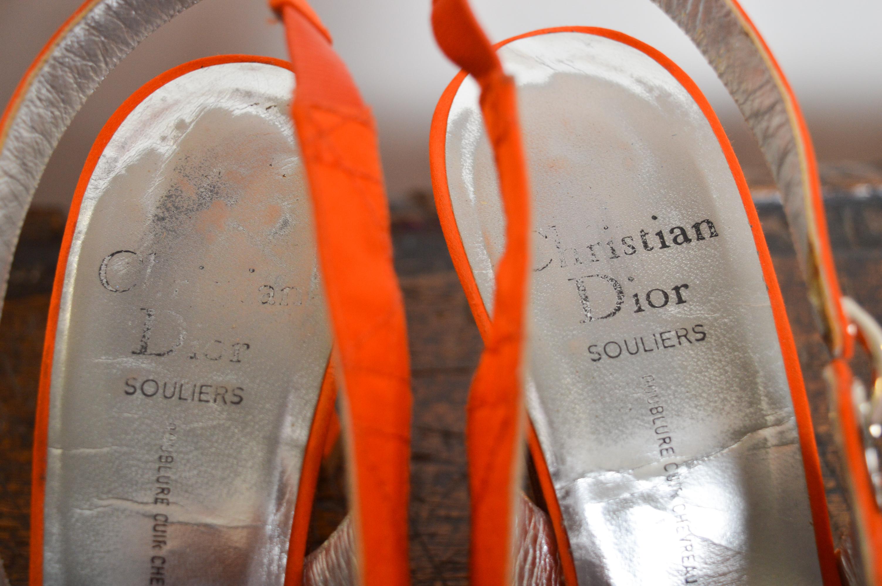 1990s Christian Dior Tangerine Satin Jewel tone Orange Cannage Sling back For Sale 7
