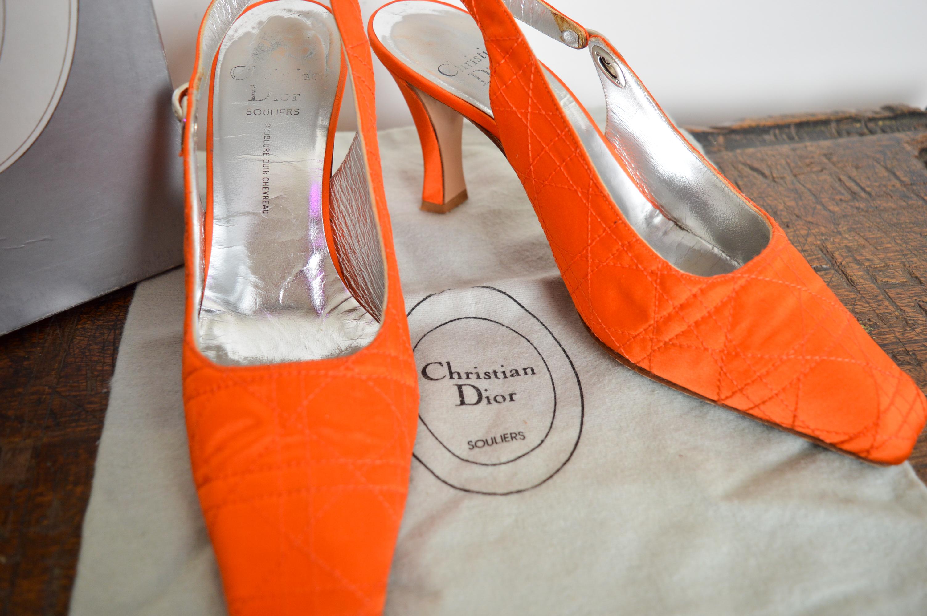 1990s Christian Dior Tangerine Satin Jewel tone Orange Cannage Sling back For Sale 8