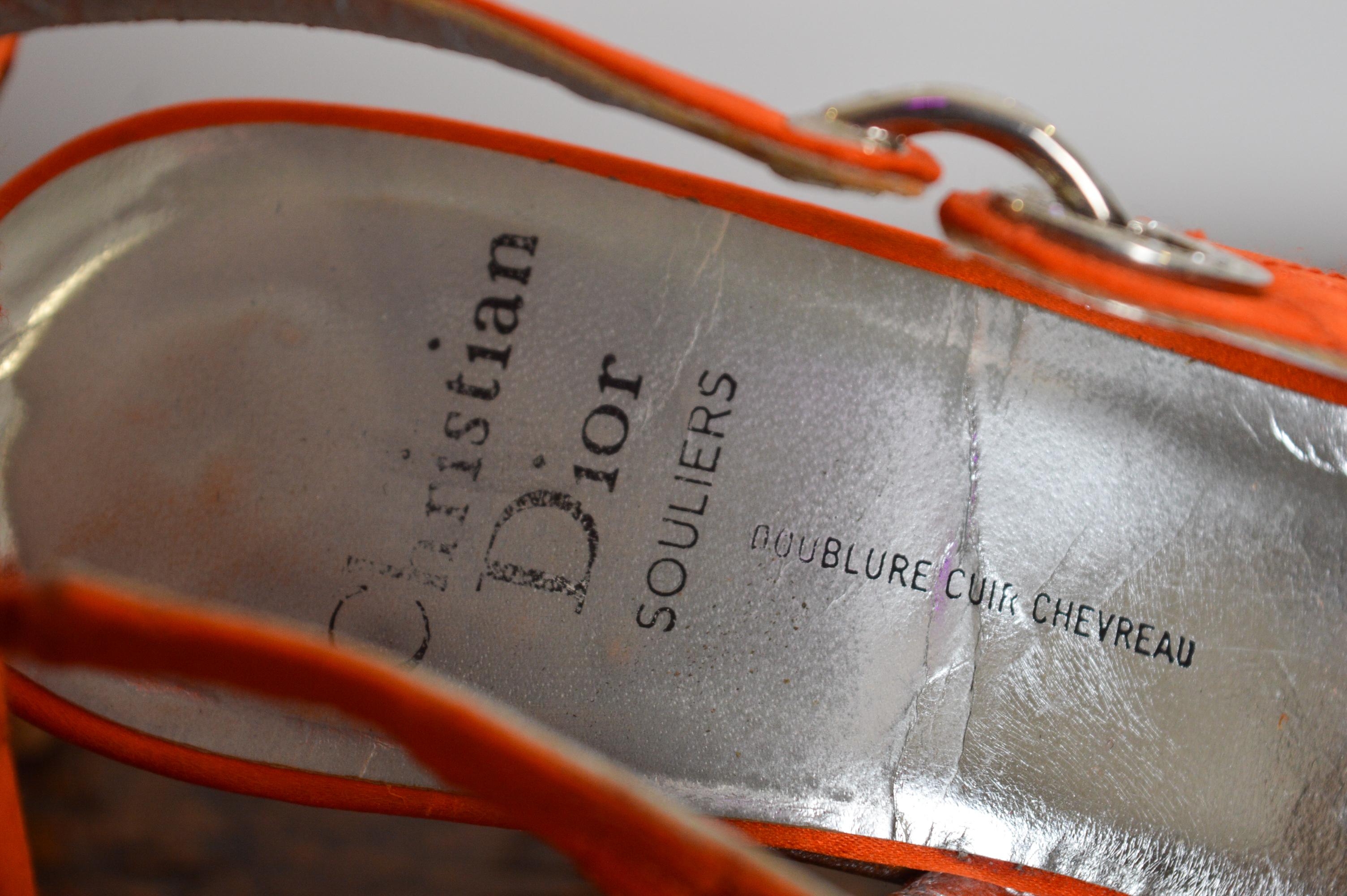 1990s Christian Dior Tangerine Satin Jewel tone Orange Cannage Sling back For Sale 9
