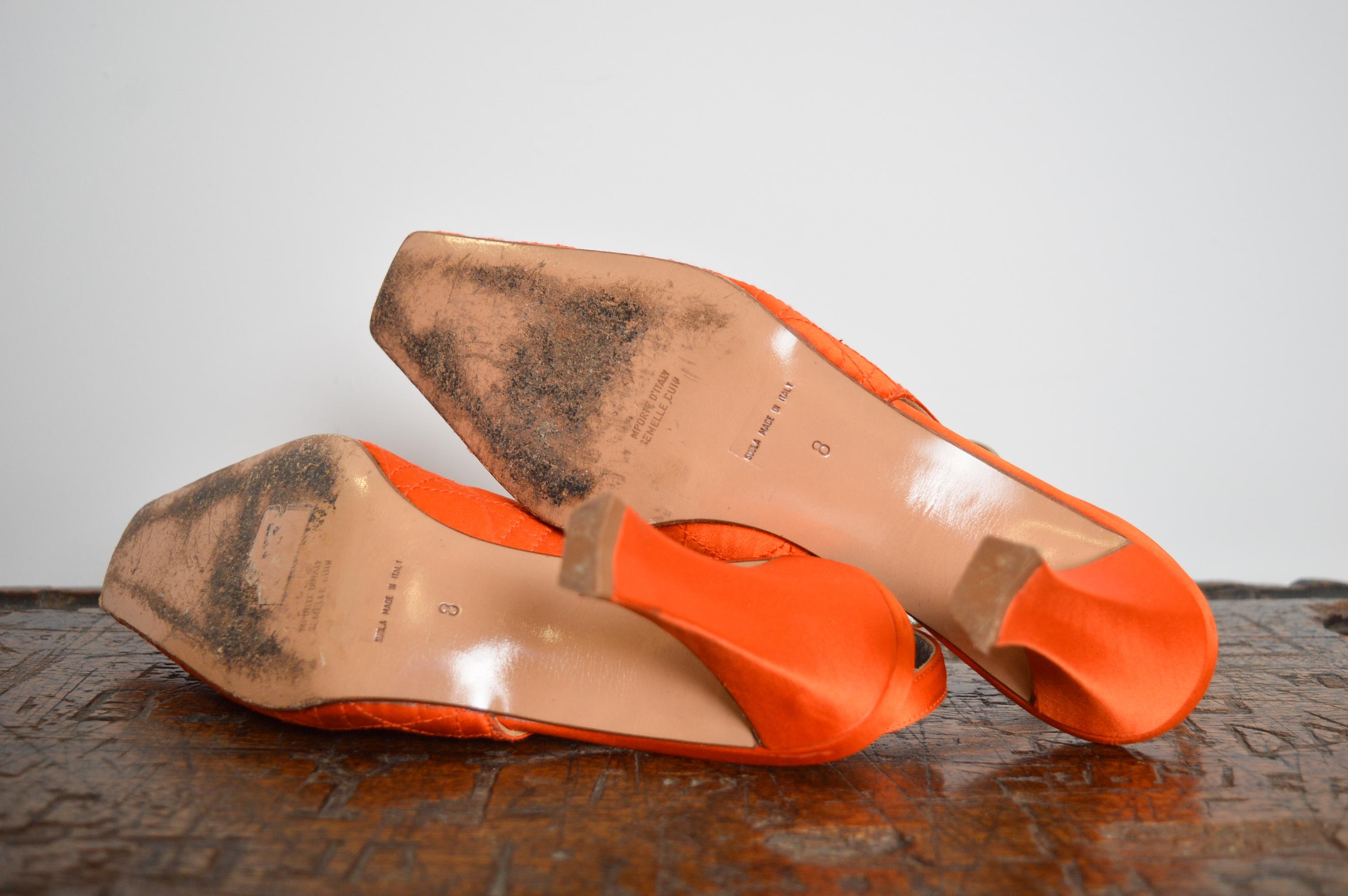 1990s Christian Dior Tangerine Satin Jewel tone Orange Cannage Sling back For Sale 10