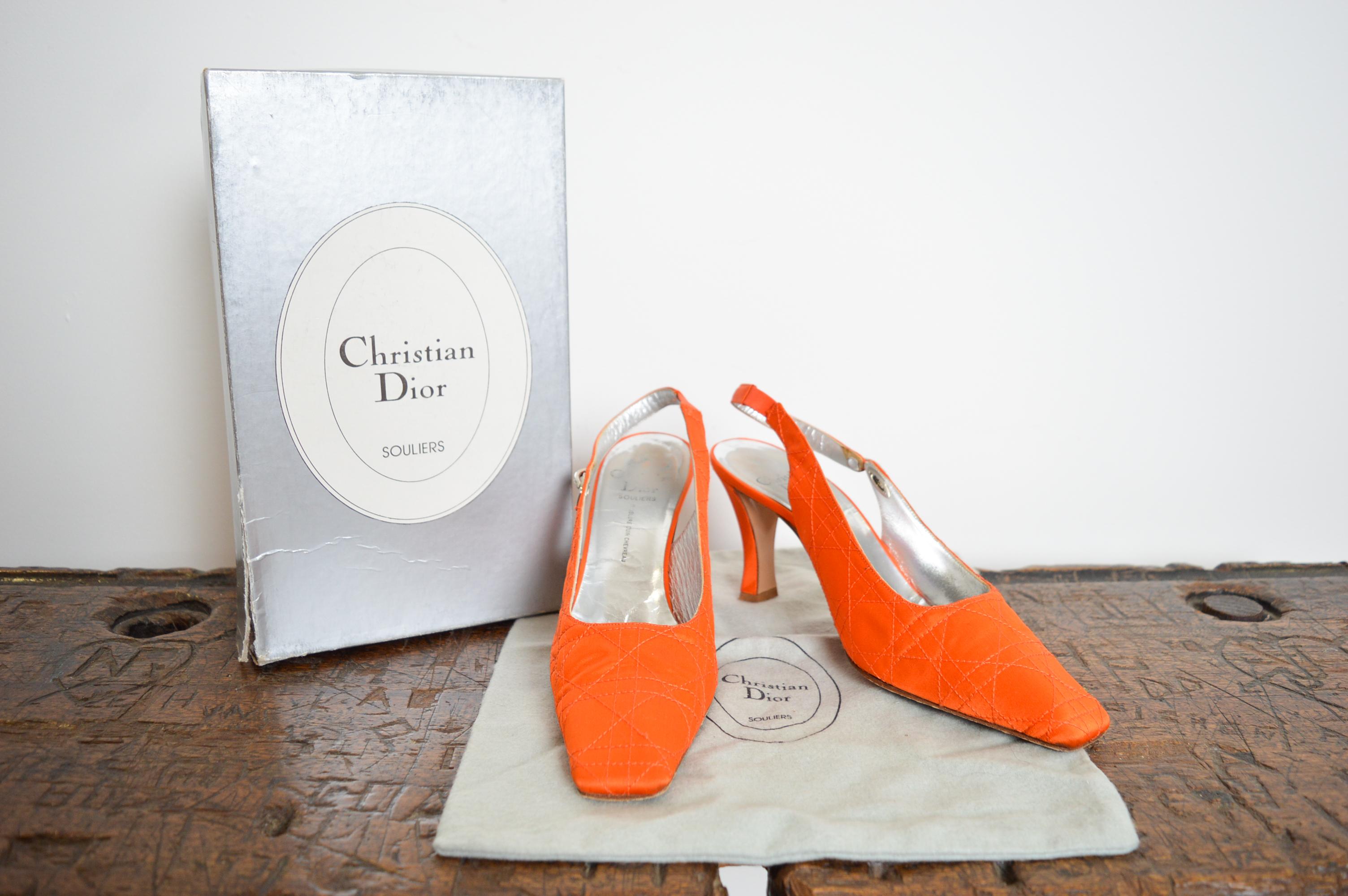 1990s Christian Dior Tangerine Satin Jewel tone Orange Cannage Sling back For Sale 11