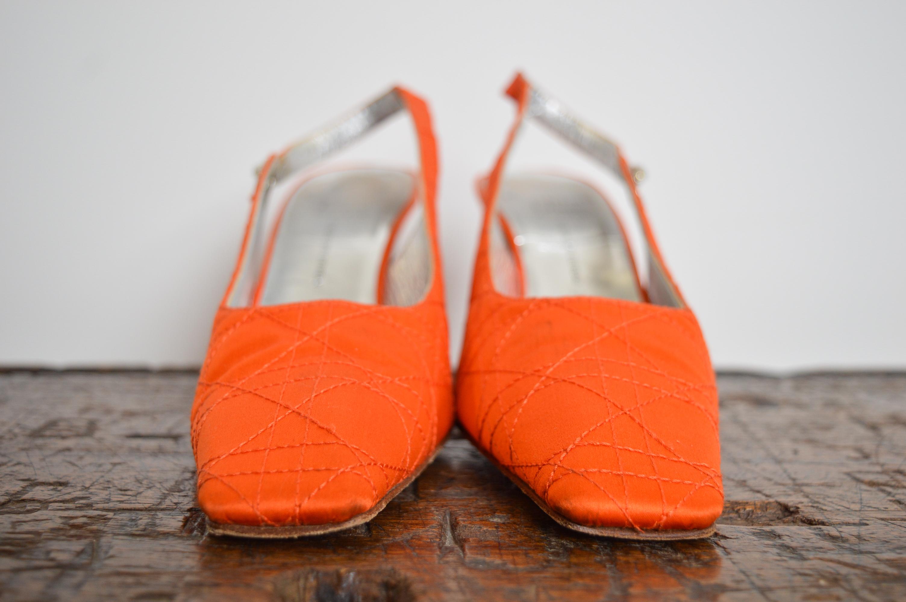 1990s Christian Dior Tangerine Satin Jewel tone Orange Cannage Sling back For Sale 13