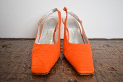 1990s Christian Dior Tangerine Satin Jewel tone Orange Cannage Sling back