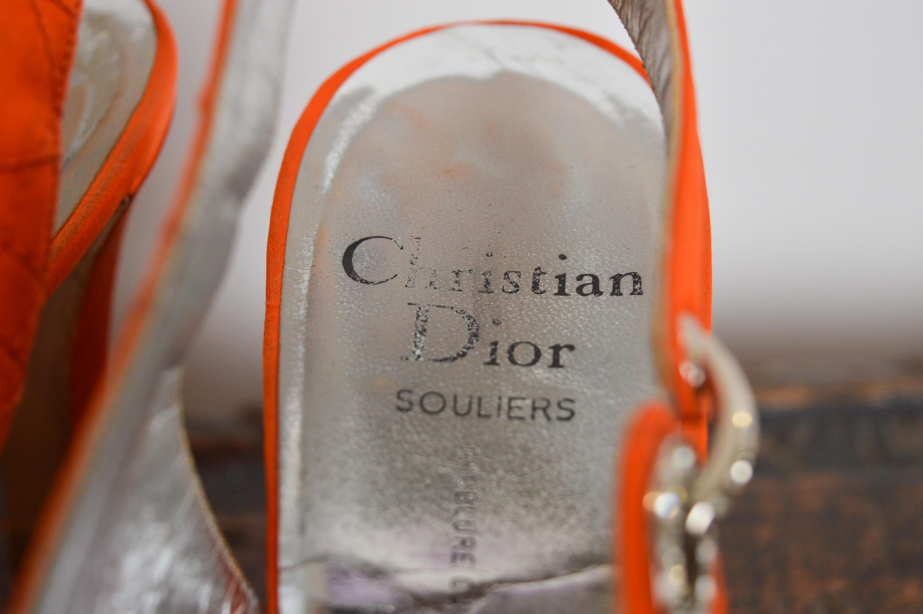 Women's 1990s Christian Dior Tangerine Satin Jewel tone Orange Cannage Sling back For Sale