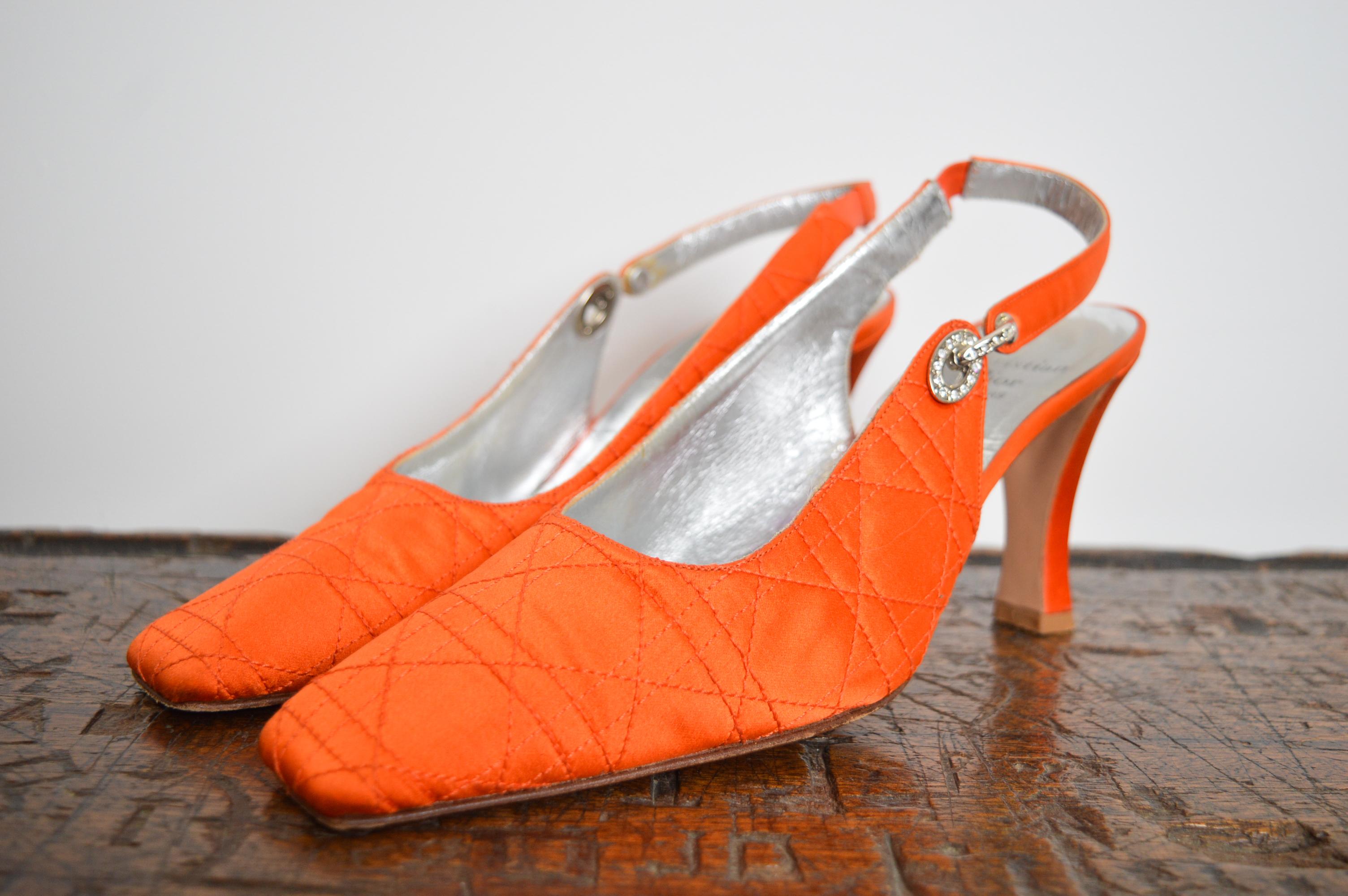 1990s Christian Dior Tangerine Satin Jewel tone Orange Cannage Sling back For Sale 1