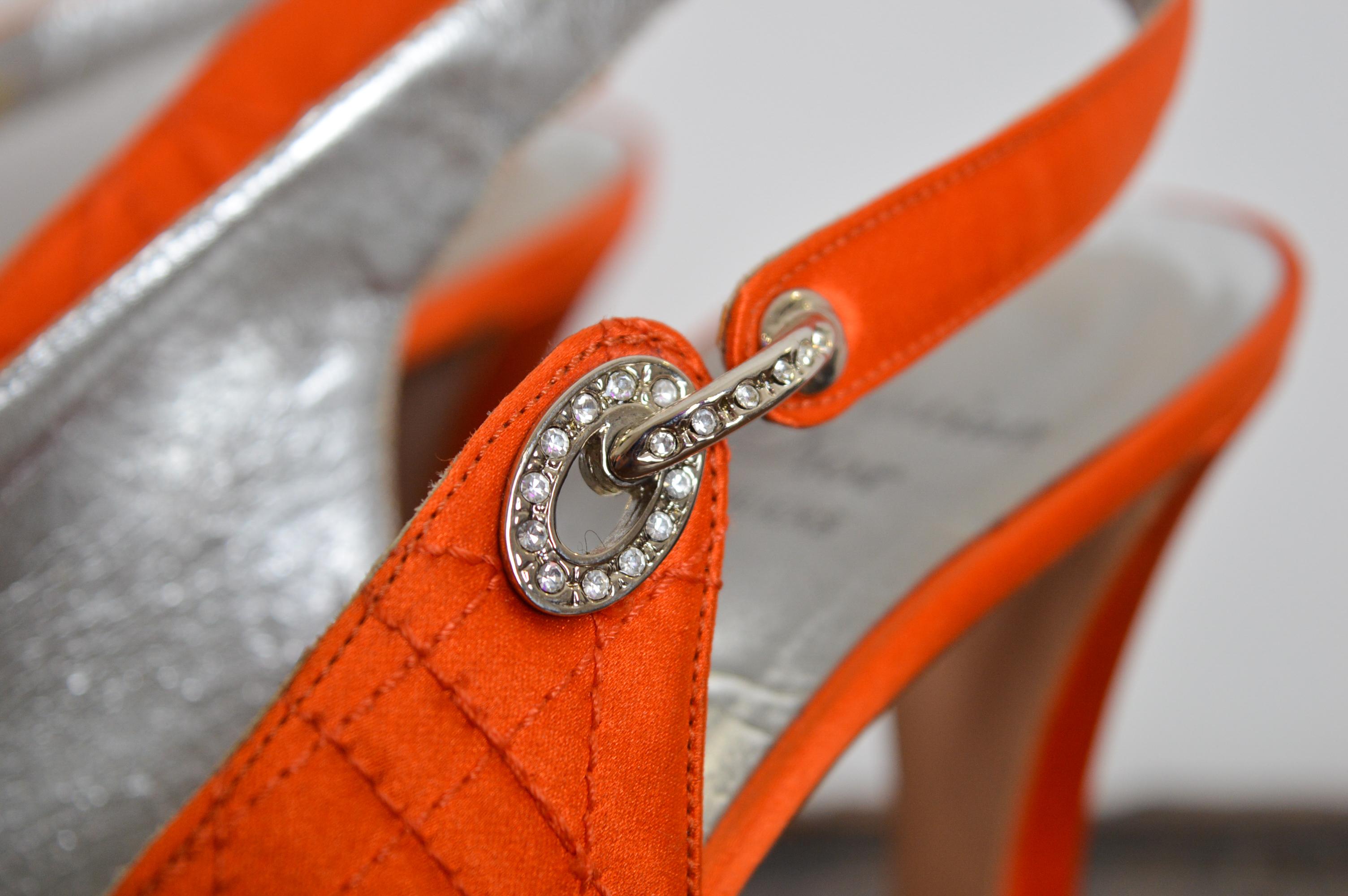 1990s Christian Dior Tangerine Satin Jewel tone Orange Cannage Sling back For Sale 2