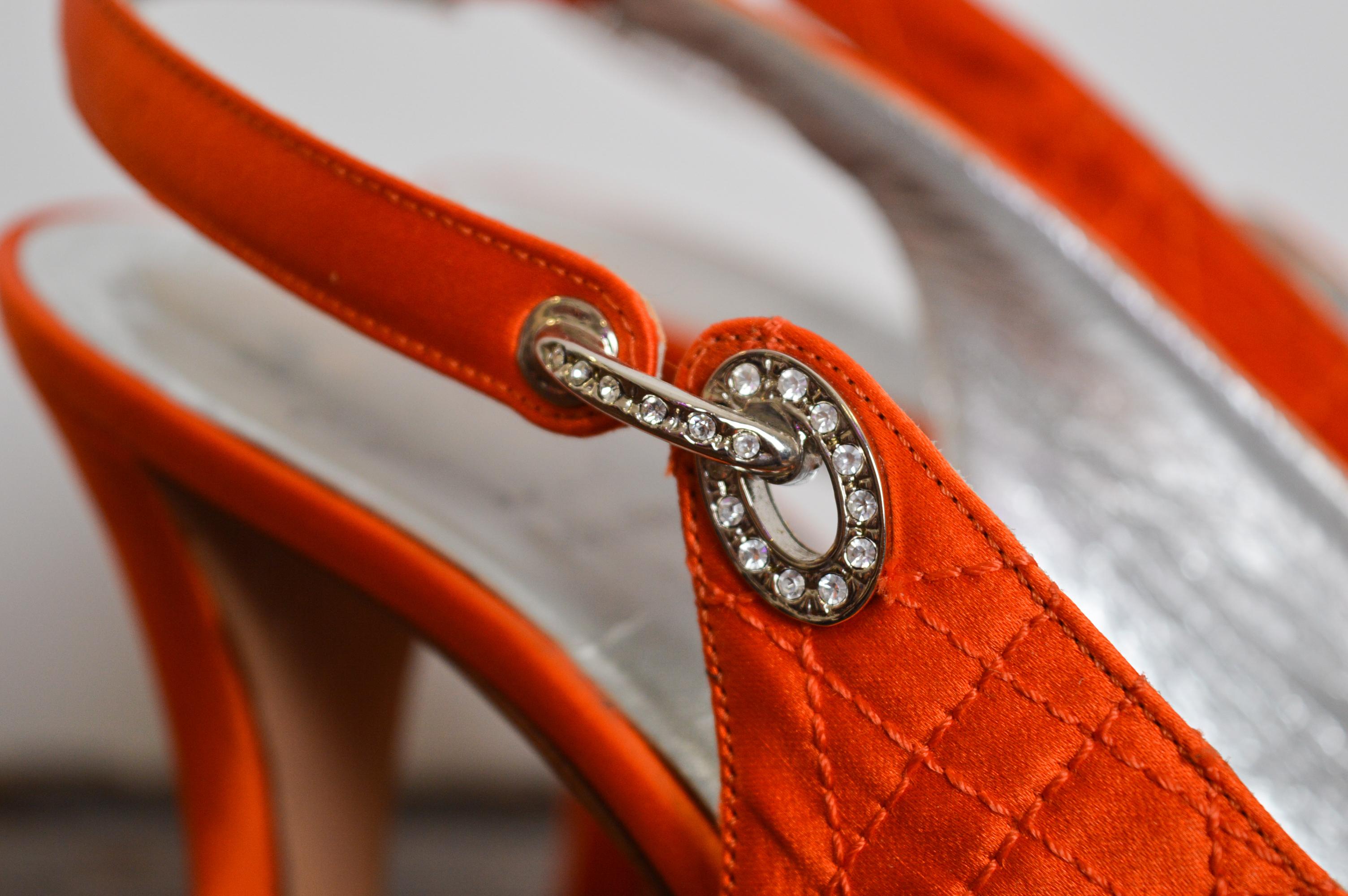 1990s Christian Dior Tangerine Satin Jewel tone Orange Cannage Sling back For Sale 3