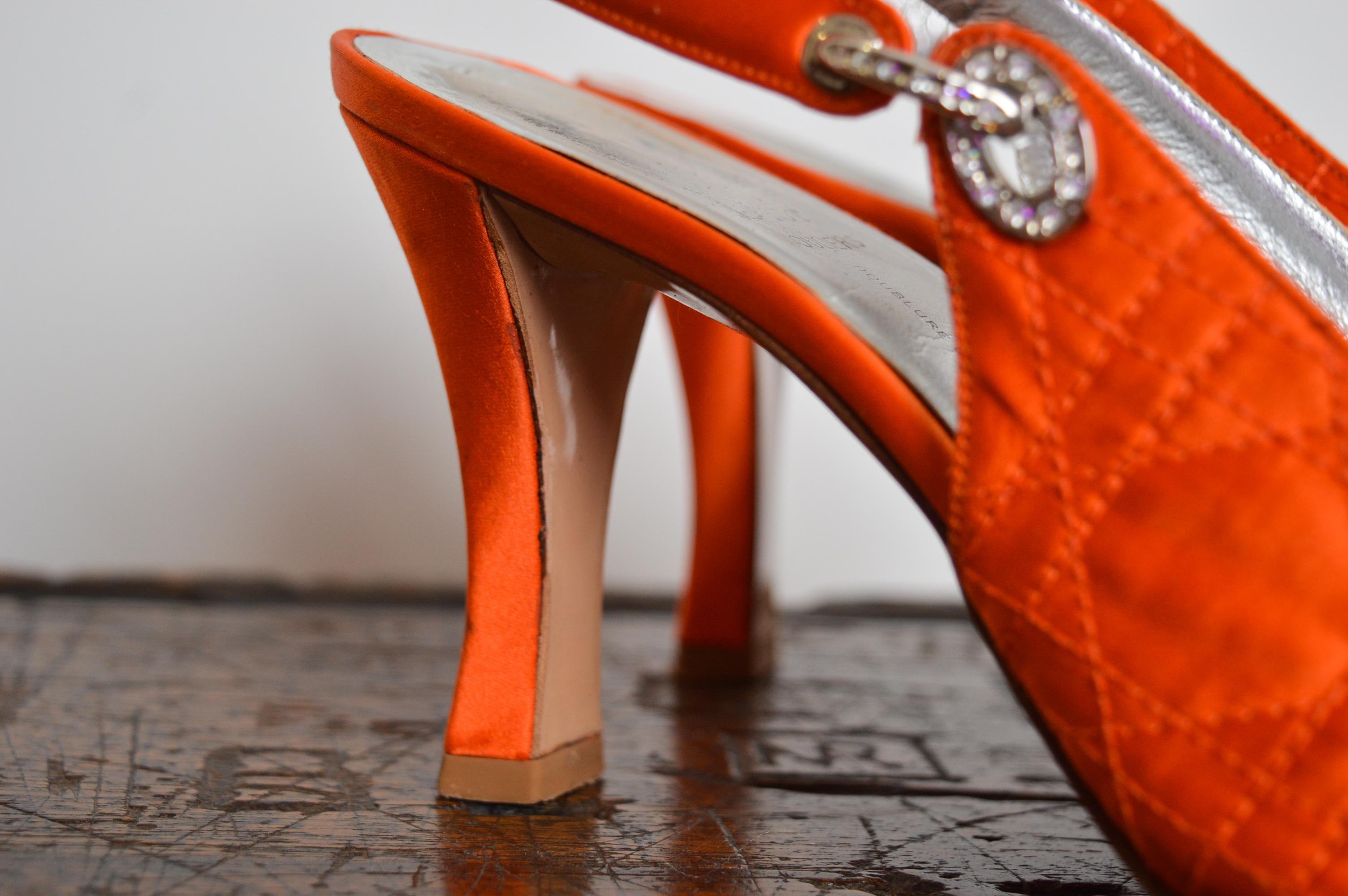 1990s Christian Dior Tangerine Satin Jewel tone Orange Cannage Sling back For Sale 4