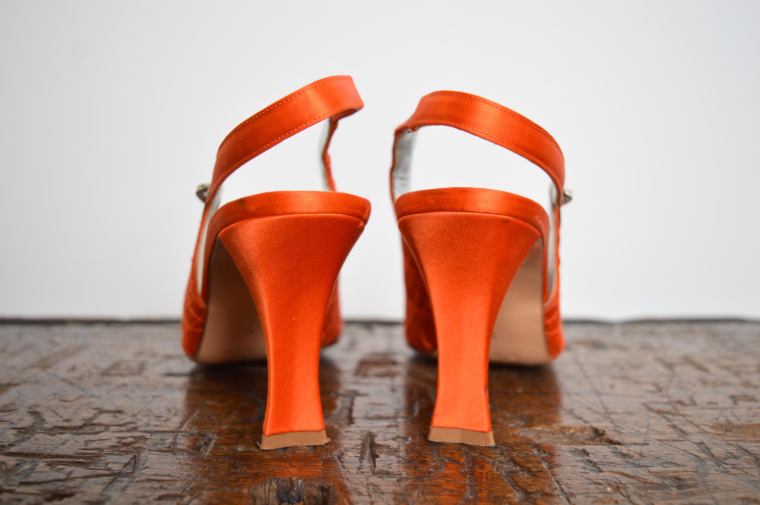 1990s Christian Dior Tangerine Satin Jewel tone Orange Cannage Sling back For Sale 5