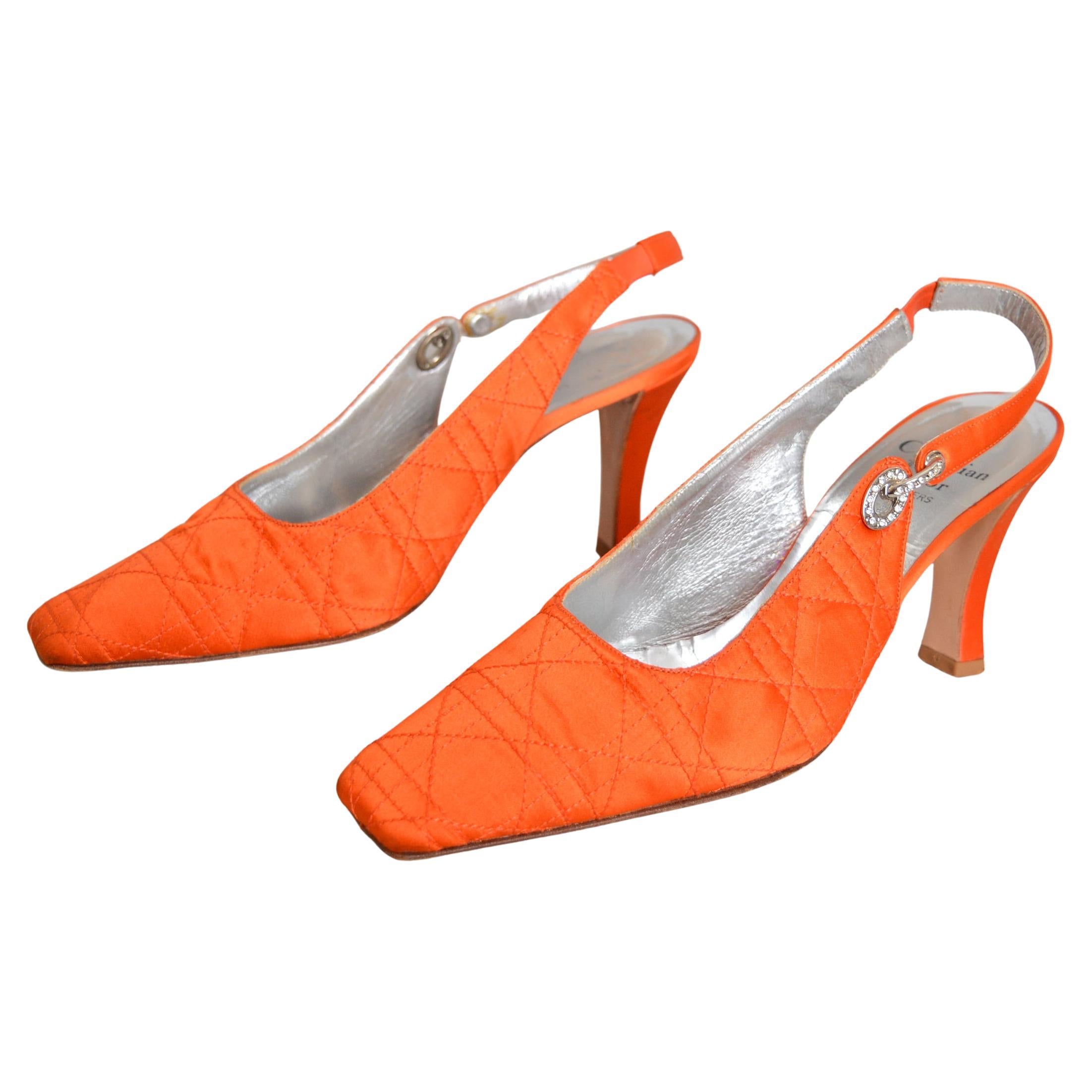 1990s Christian Dior Tangerine Satin Jewel tone Orange Cannage Sling back For Sale
