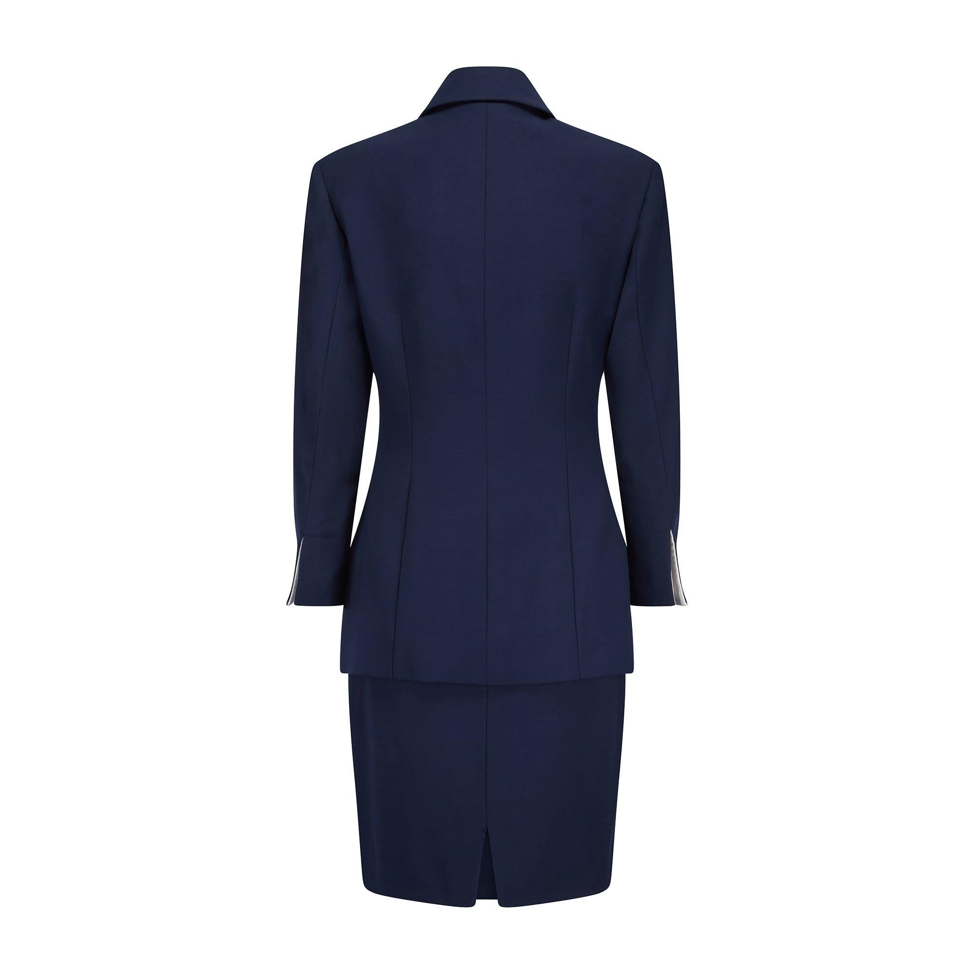 Black 1990s Christian Dior Three Piece Navy Skirt Suit with Polka-Dot Blouse For Sale