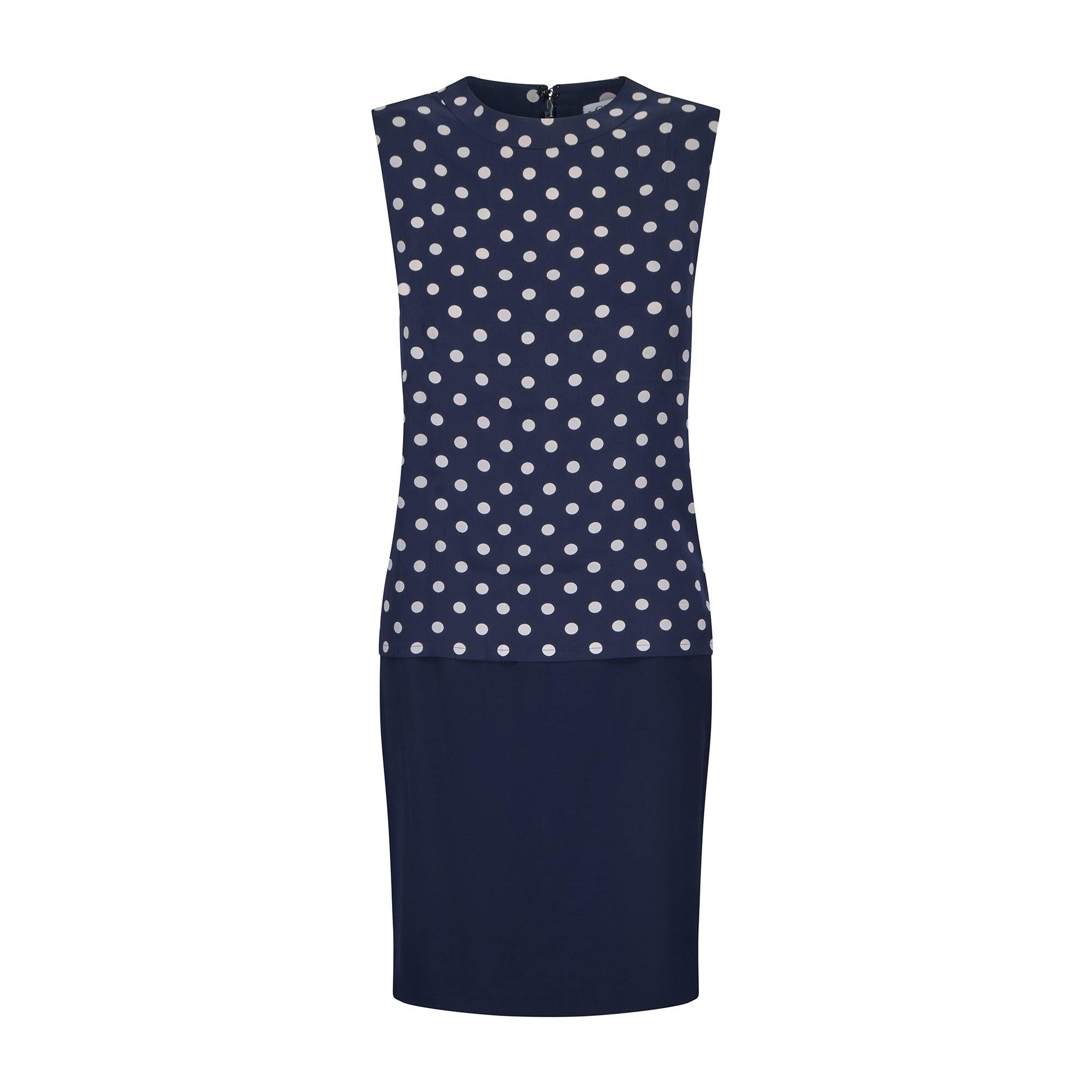 1990s Christian Dior Three Piece Navy Skirt Suit with Polka-Dot Blouse In Excellent Condition For Sale In London, GB