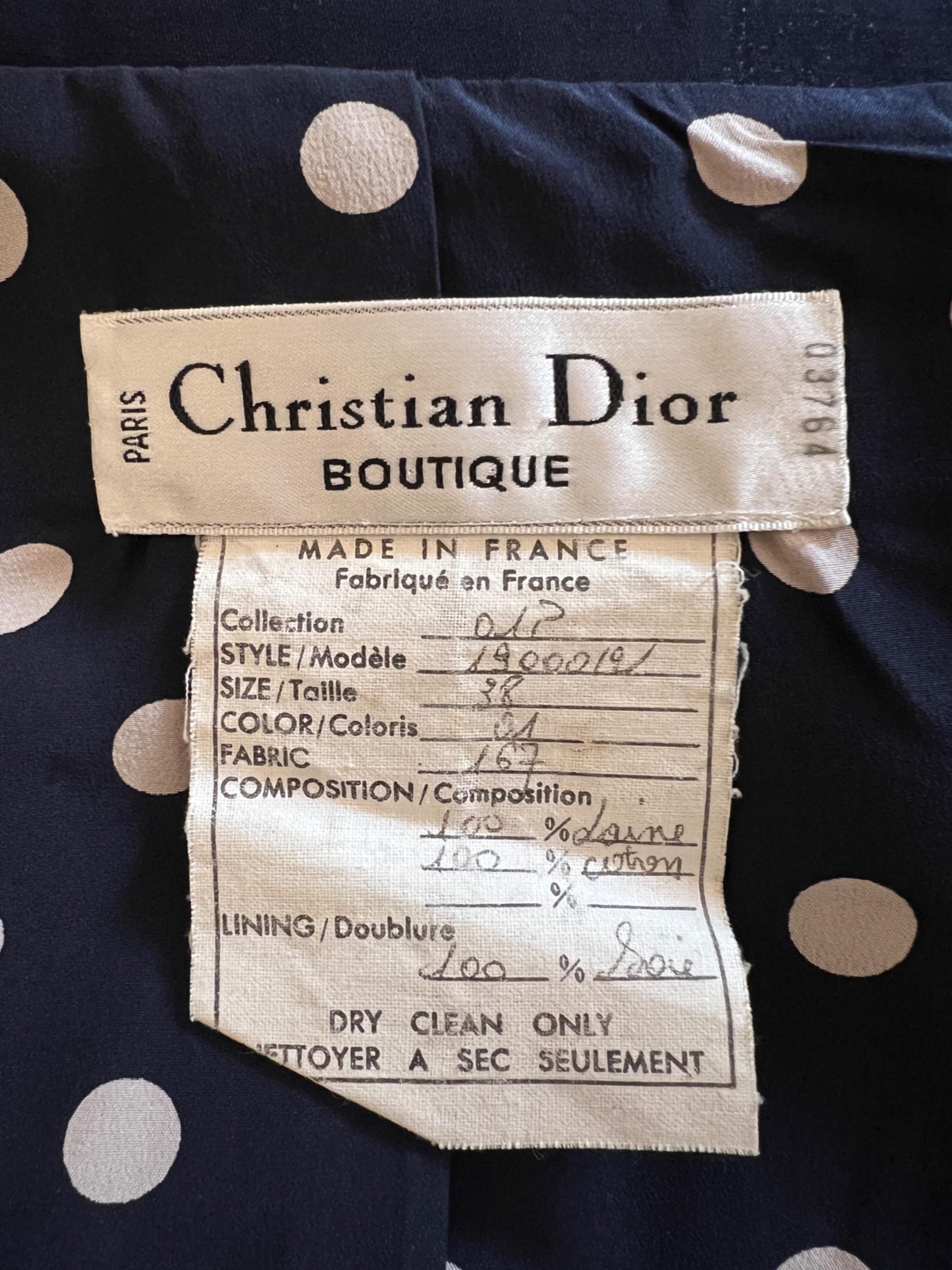1990s Christian Dior Three Piece Navy Skirt Suit with Polka-Dot Blouse For Sale 4