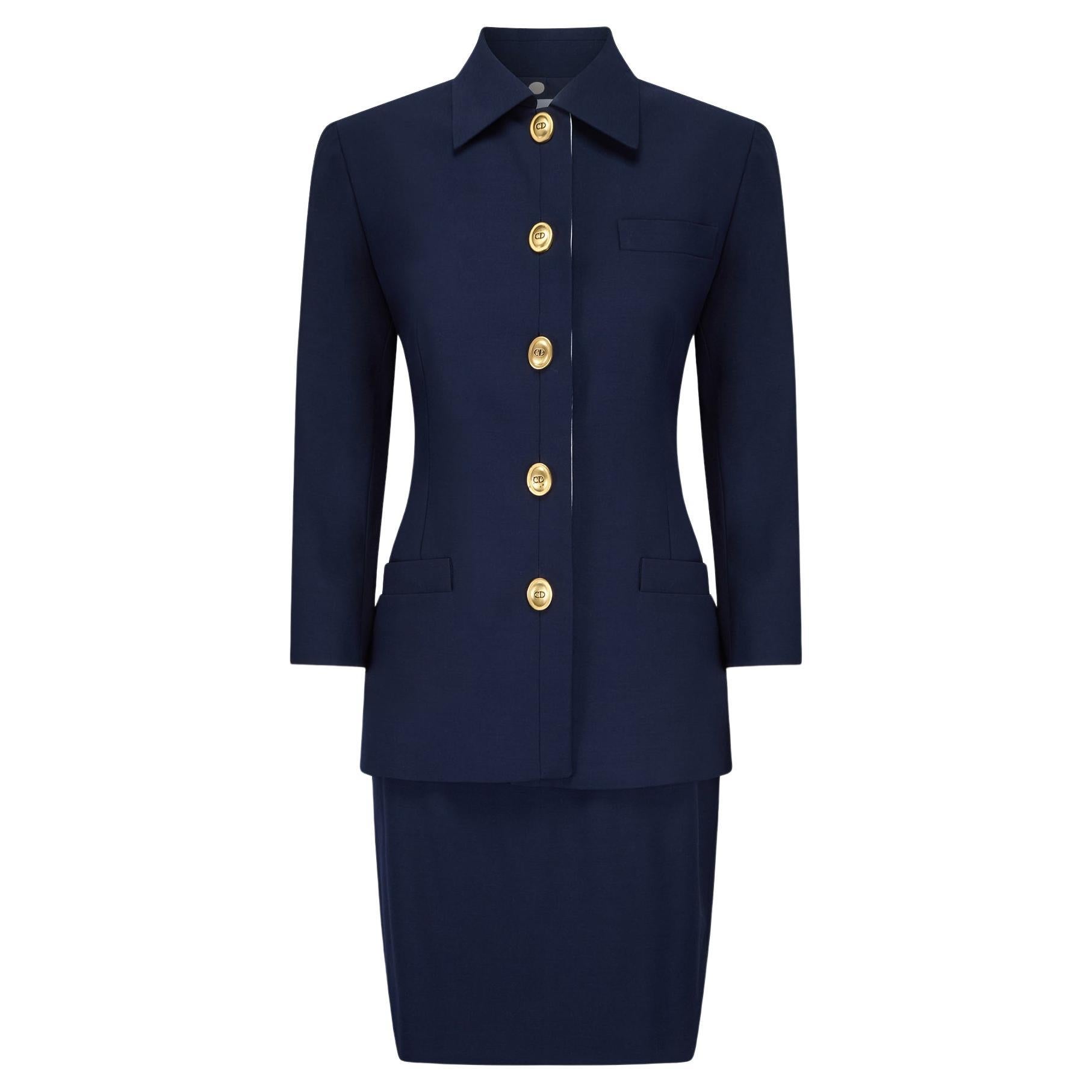 1990s Christian Dior Three Piece Navy Skirt Suit with Polka-Dot Blouse For Sale