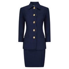 1990s Christian Dior Three Piece Navy Skirt Suit with Polka-Dot Blouse