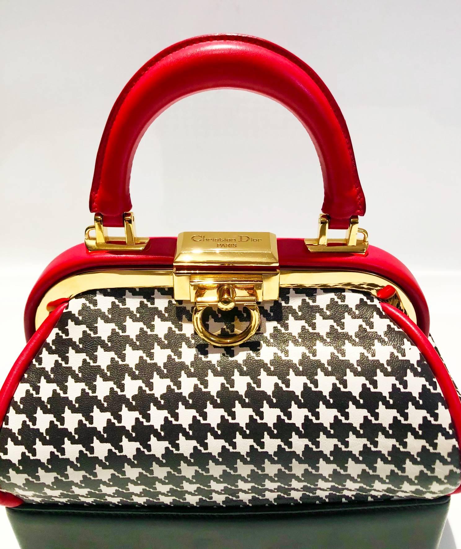 1990s Christian Dior Top Handle Houndstooth Box Clutch Bag 2