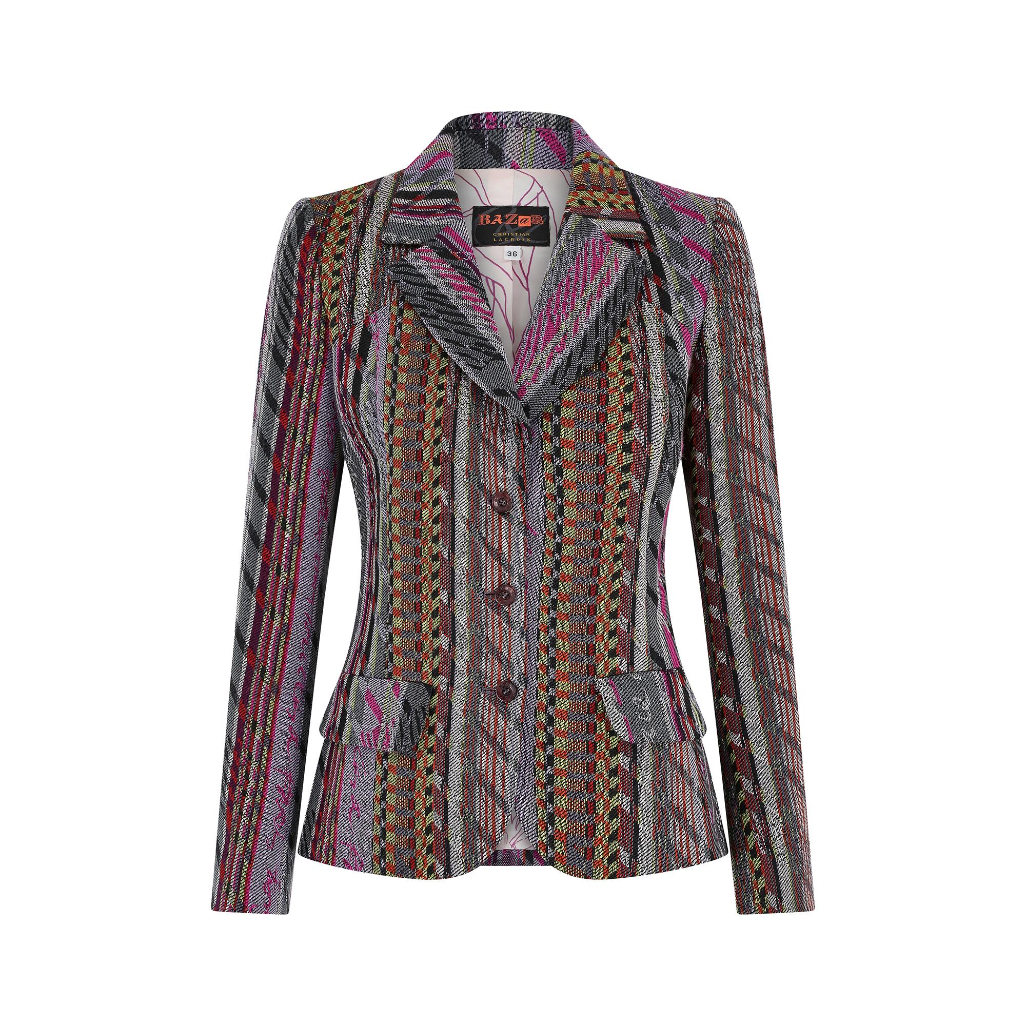 This 1990's Christian Lacroix jacket is in pristine vintage condition and made from 100% lambs wool.  Lacroix was a renowned French couturier and his work was characterized by a strong sense of colour, pattern and artisanal touches such as fringing,