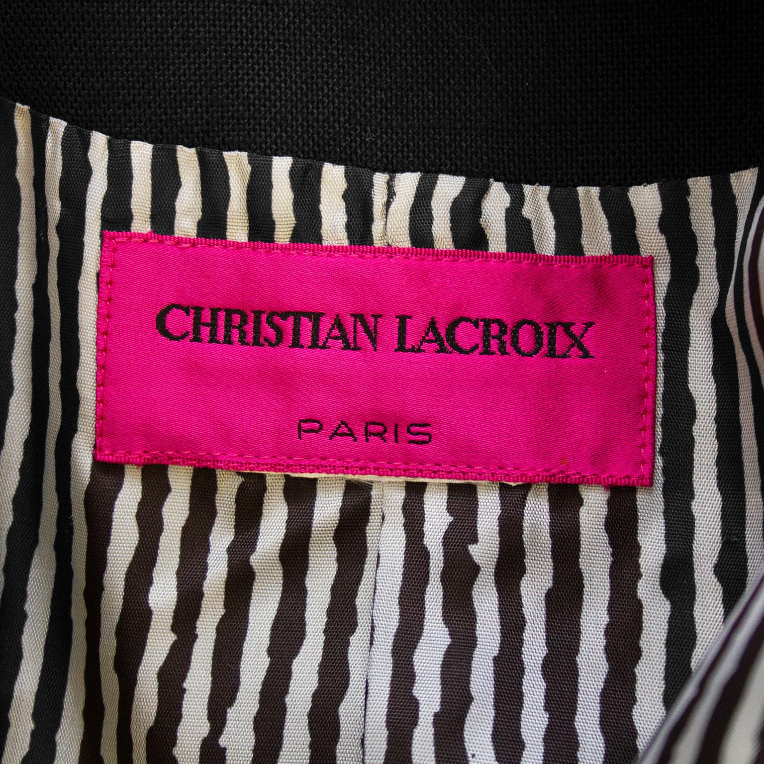 1990er Christian Lacroix Schwarze doppelreihige Leinenjacke mit Blume  im Angebot 2