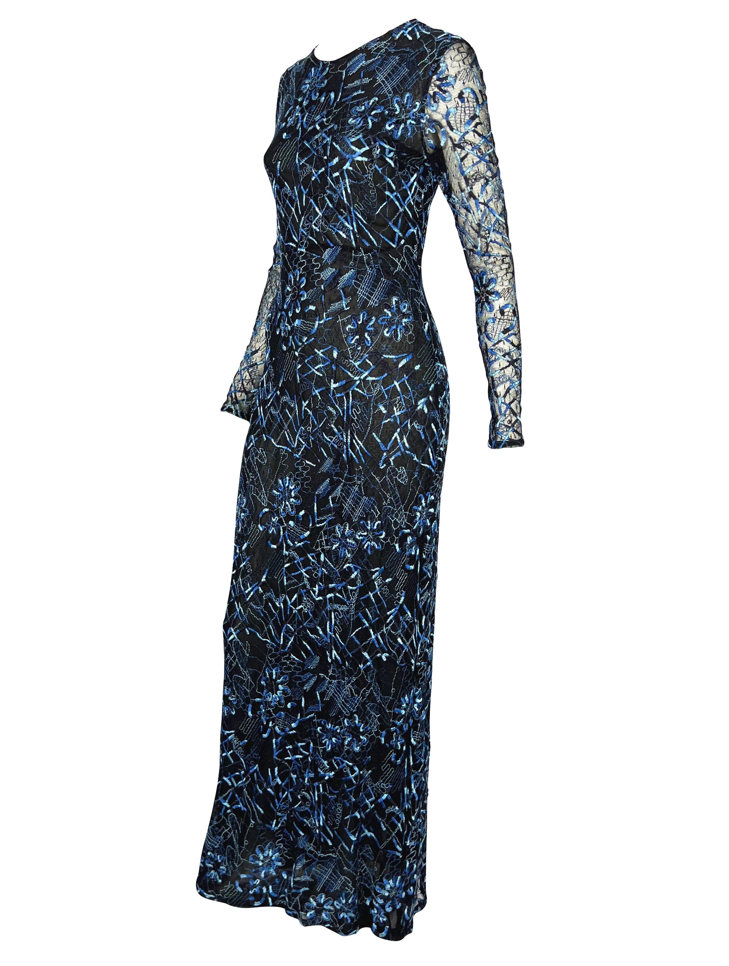Women's S/S 1998 Christian Lacroix Black Stretch Sheer Mesh Blue Embroidered Maxi Dress For Sale